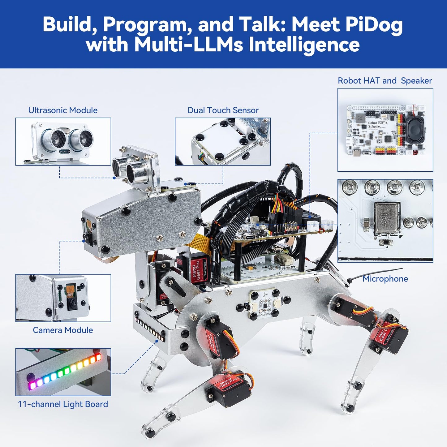 SunFounder AI Robot Kit with Raspberry Pi Zero 2 W+32G TF Card, ChatGPT-4o Enabled with Voice Command & Video Recognition, App Control, FPV, 12 Servos, Gyroscope, Camera, Mic