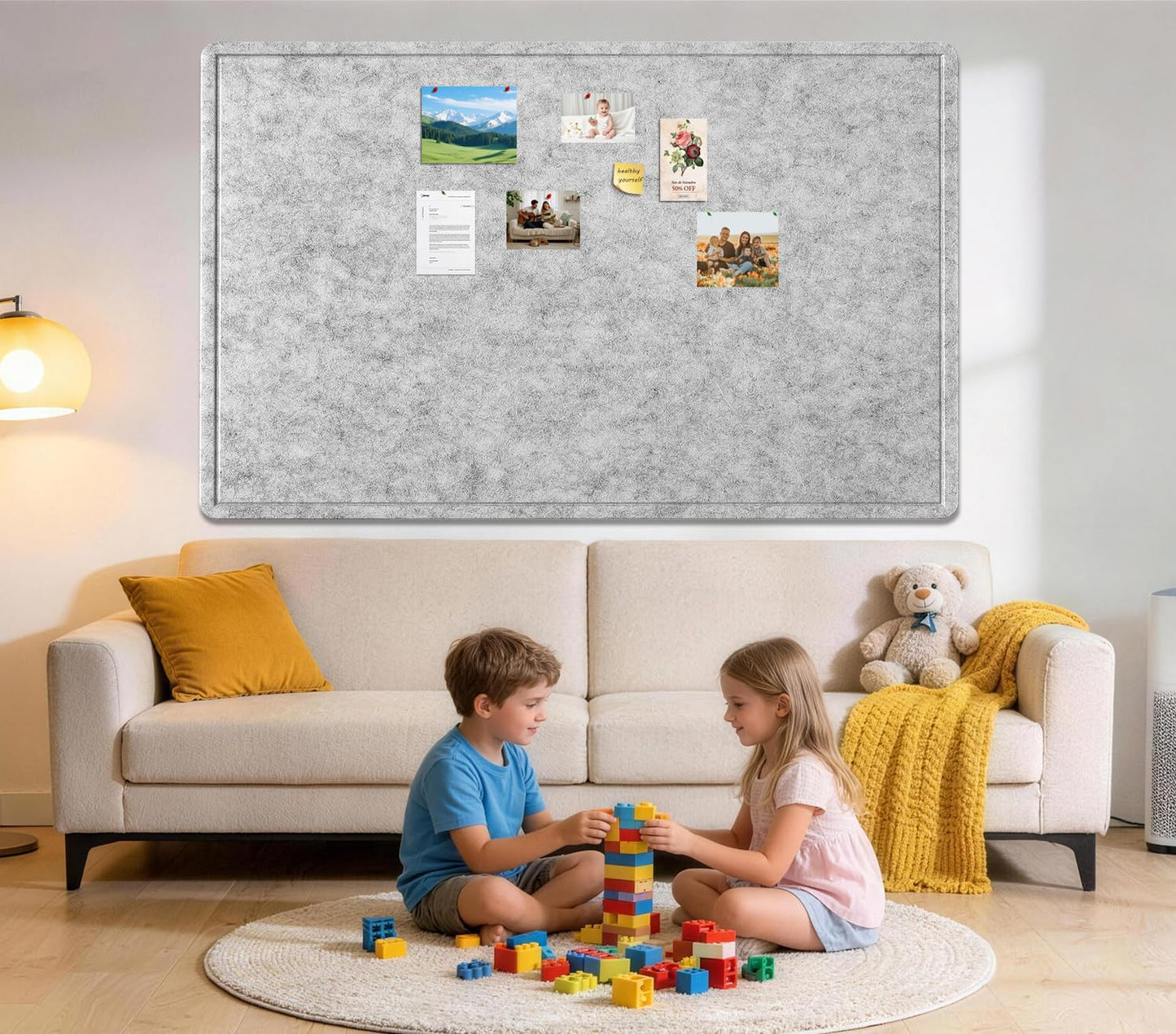 Large Bulletin Board, 72 X 48 inches Cork Board with 30 Pushpin, 6' x 4' Felt Cork Board Notice Pin Board, Self-Adhesive Vision Board Mood Board Foldable Photo Board for Wall - Silver Gray