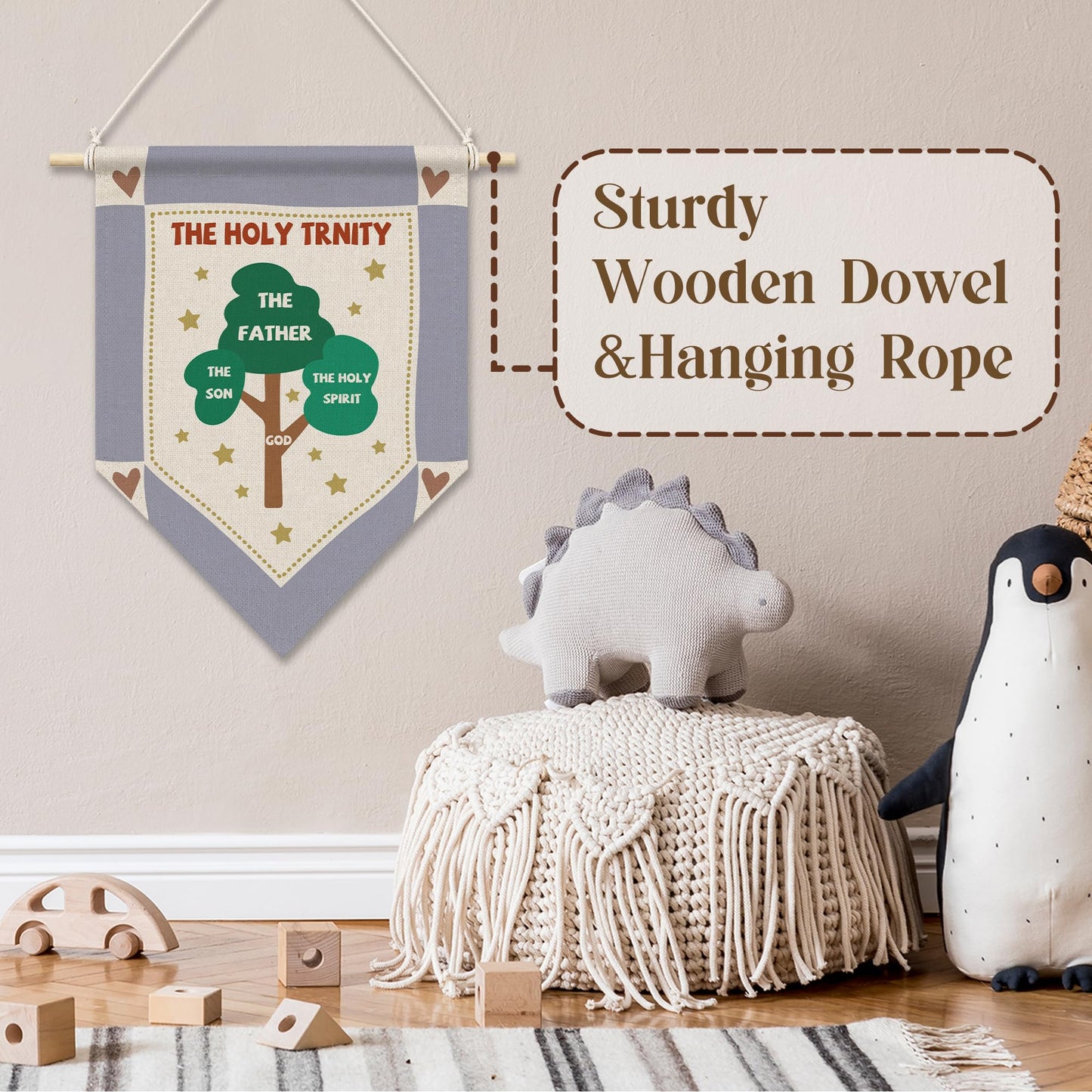 RUKUPA Christian Tree Nursery Wall Art Decor, Kids Scripture Hanging Pennant Flag, the Holy Trinity Religious Wall Art Poster Hanger for Kids Room Classroom Sunday School Homeschool Decor, 11x15 Inch