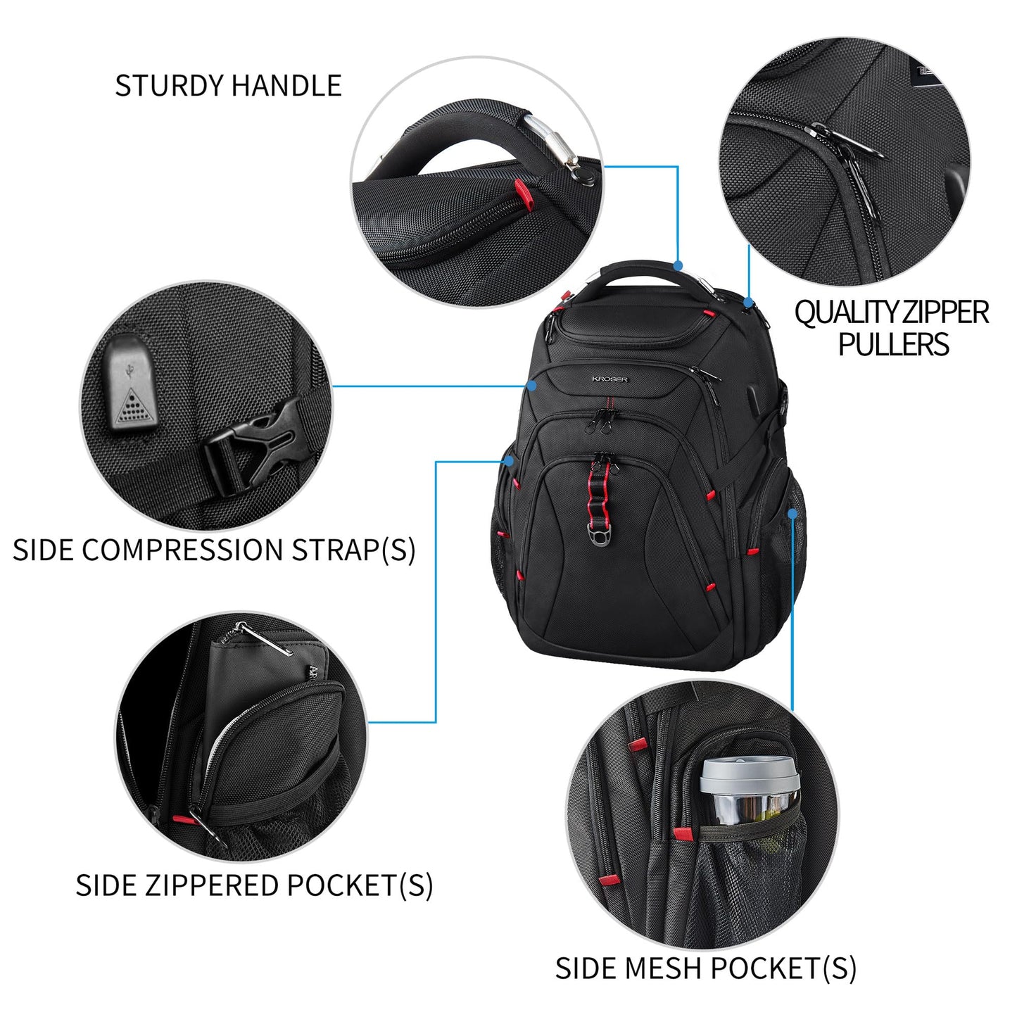 KROSER Travel Laptop Backpack 17.3 Inch XL Computer Backpack with Hard Shell Saferoom RFID Pockets Water-Repellent Business College Daypack Stylish Bag for Men/Women-Black