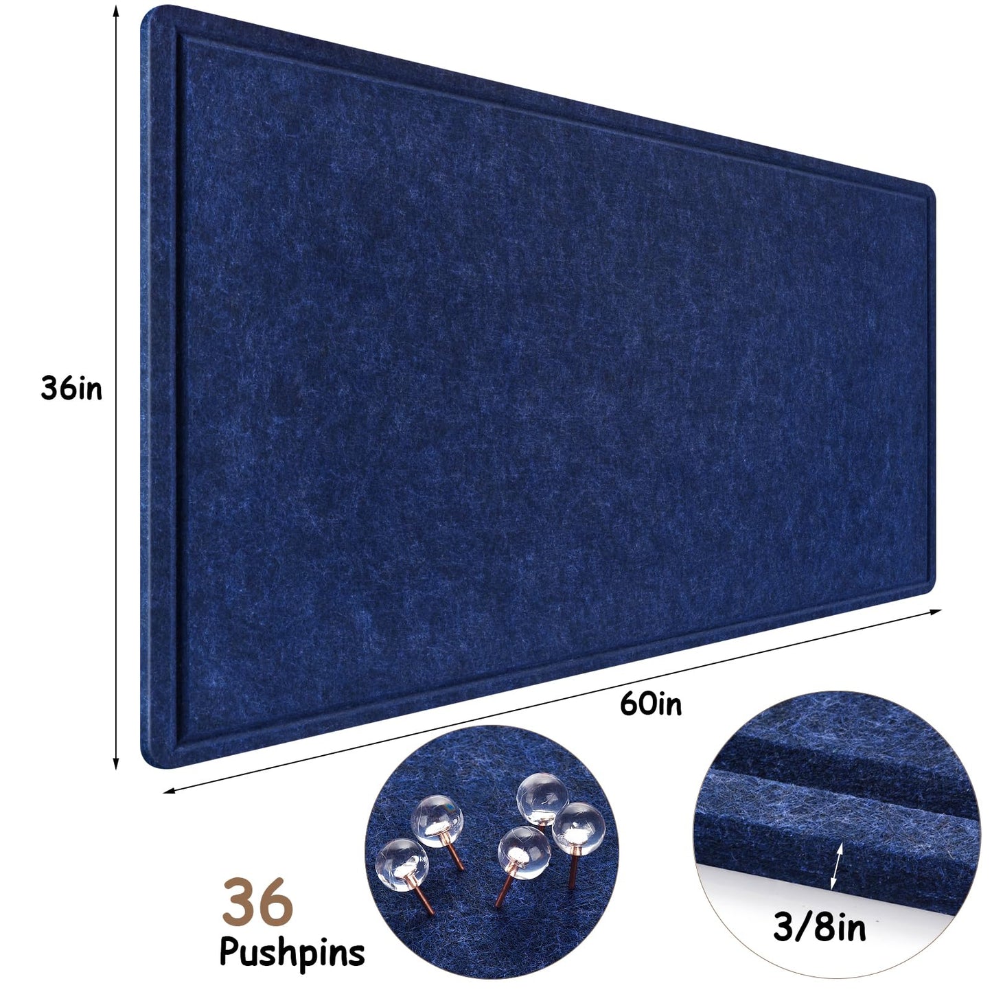 Large Bulletin Board, Foldable 60x36 Inches Cork Board Alternative, Large Felt Board Decorative Pin Board for Wall, Foldable Photo Board Self-Adhesive Vision Board with 36 Pushpins Dark Blue