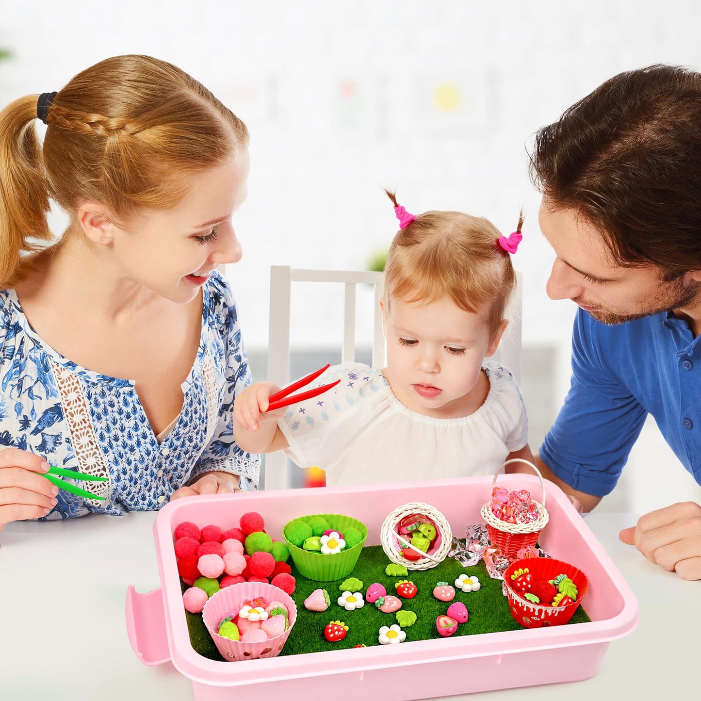Cinrobiye 192 Pcs Strawberry Theme Activity Fillers Set with Storage Box, Summer Fruit Accessories, Artificial Grass Mat, Flowers, Pompoms and Decorative Materials for Classroom Home Activities