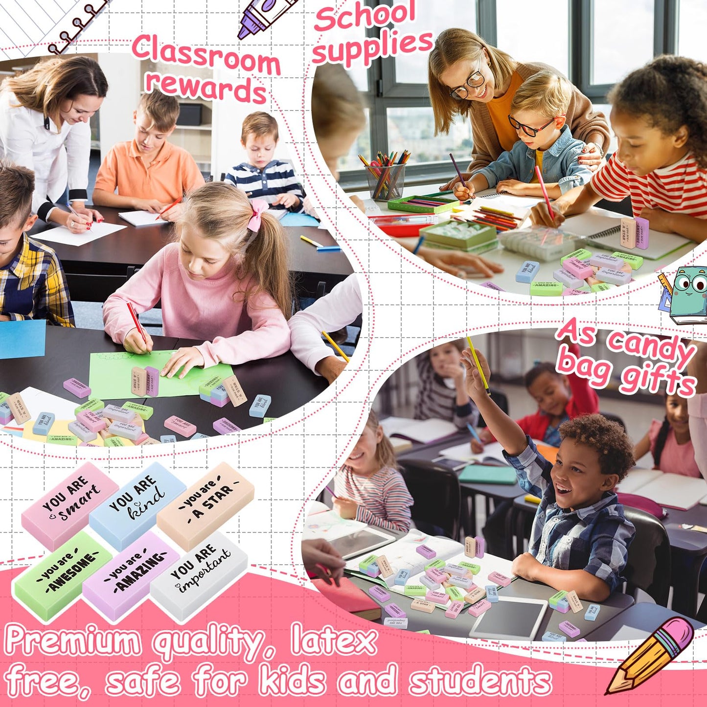 Resurhang 180 Pcs Erasers Bulk for Kids Inspirational Pencil Erasers Bulk for Drawing Motivational Big Eraser School Supplies for Classrooms Back to School Office (Motivational,Macaron)