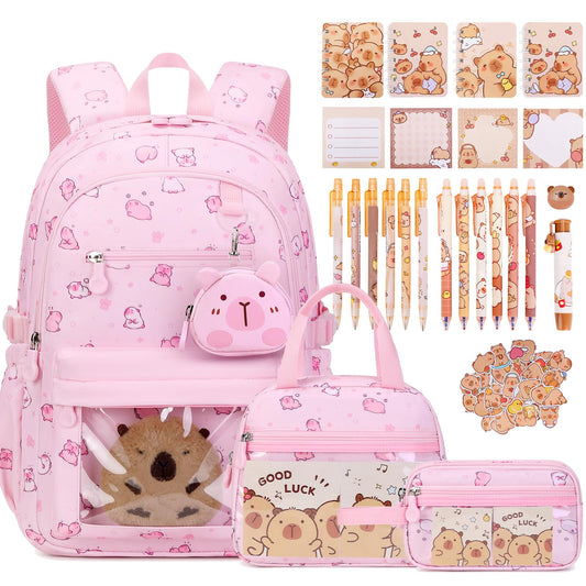 Similove Capybara Theme Backpack for School Girls, 35PCS Kids Backpack Set with School Supplies Stationery Kit Lunch Box Pencil Case, Cute Girls Bookbag for Kindergarten Elementary Student