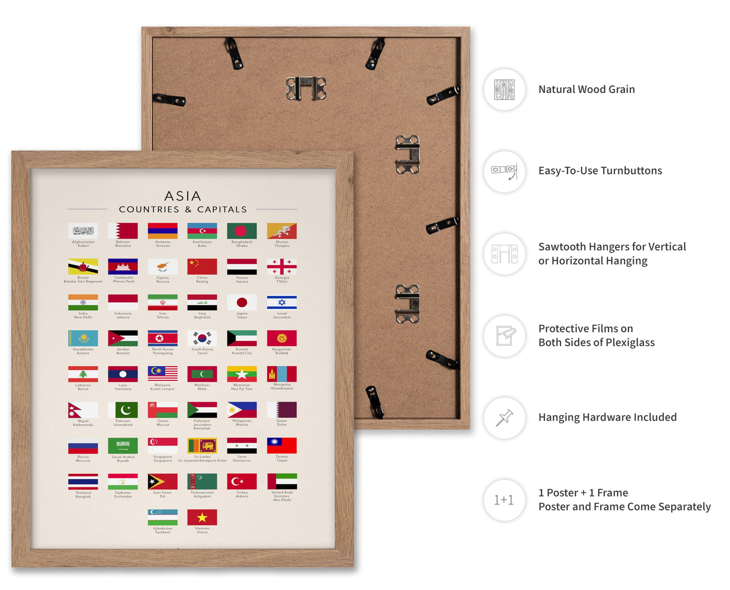 Poster Master Flags of Asia Poster - Asian Countries & Capitals Print - Learning Materials Art - Educational Art - Gift for Student & Teacher - Decor for Classroom or Library, 11x14 Beige Framed