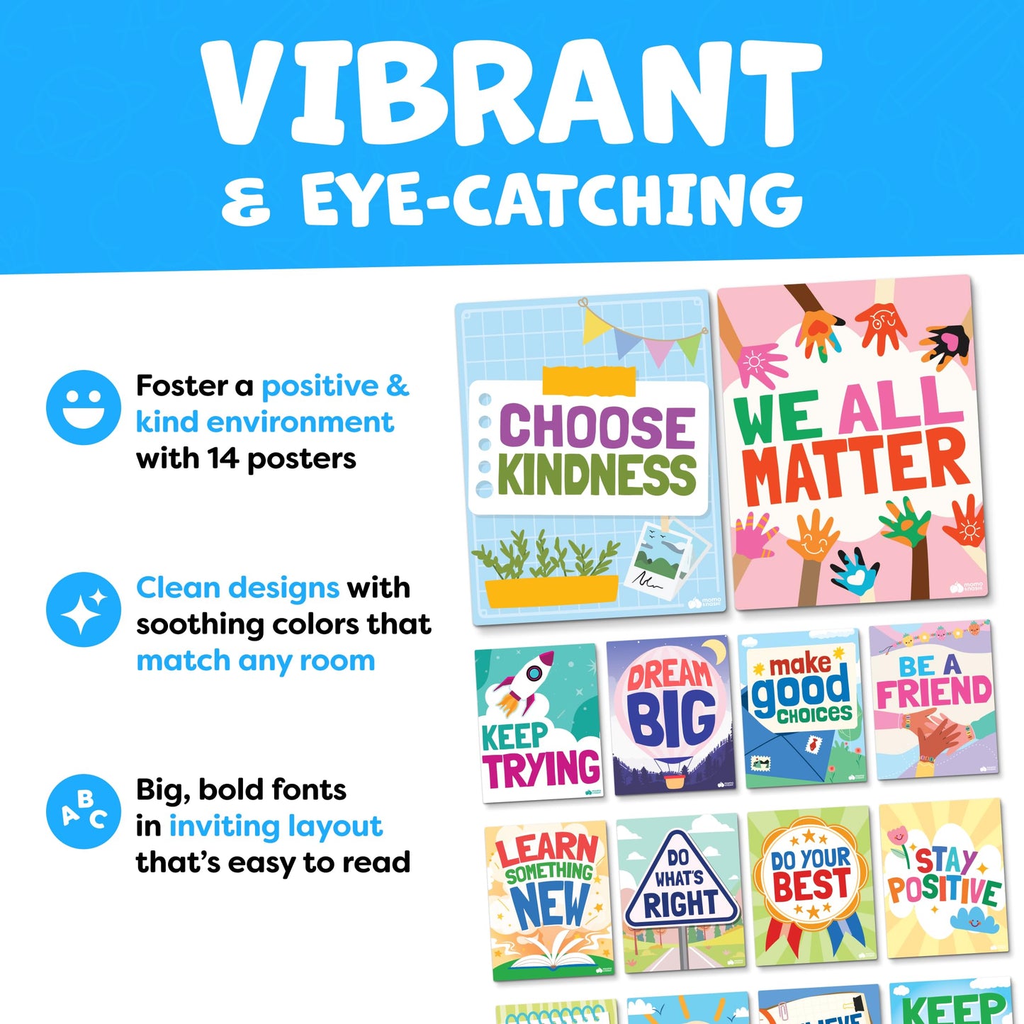 Motivational Posters for Classroom - 14pc Positive Inspirational Posters for Classroom Elementary Middle School High School - Positive Affirmation Wall Decor, Motivational Bulletin Board Decorations