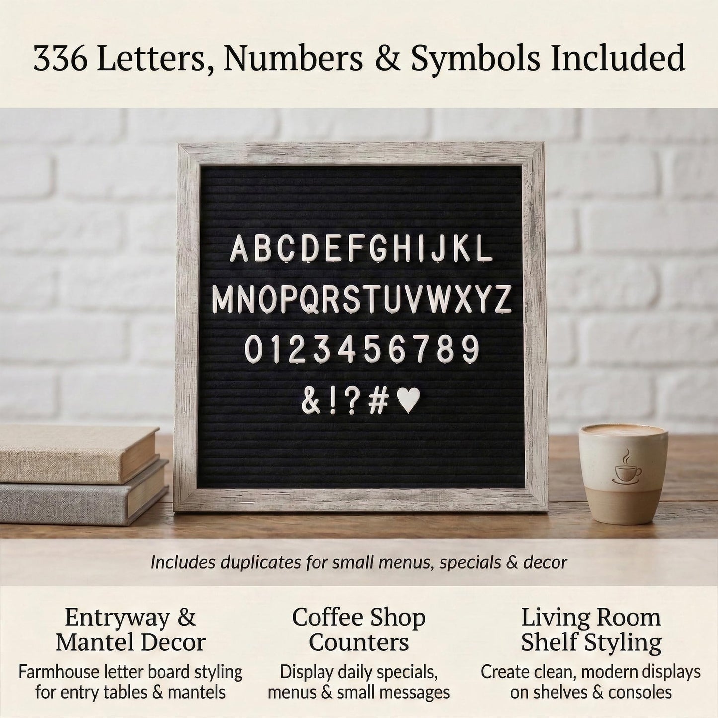 C CRYSTAL LEMON Felt Letter Board 10x10 Inches – 336 Letters, Numbers & Symbols – Rustic Black Message Board with Wood Frame, Wall Mount & Display Stand