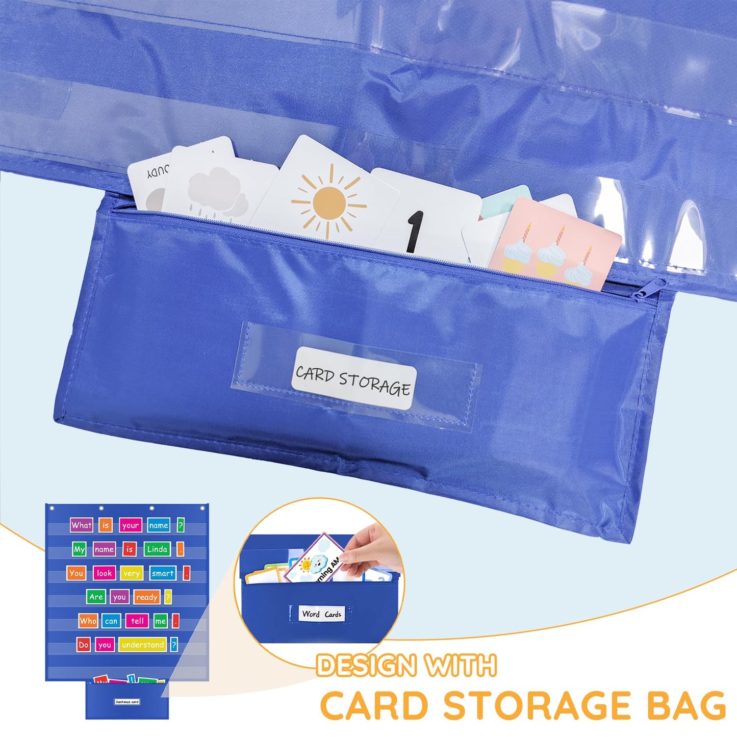 ALSLEA Standard Pocket Chart for Classroom with Zipper Storage Bag 28"x28" Wall Hanging File Display Pocket Chart with 7 Sentence Strips Holder Teacher Essential (Blue)