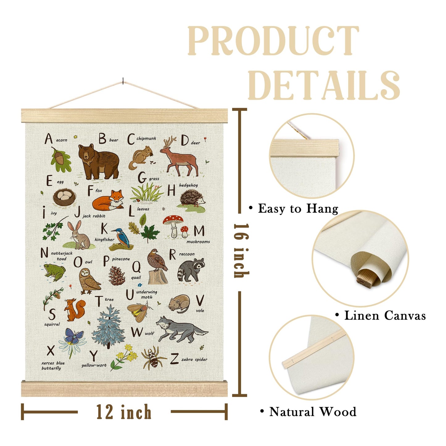BCUANGD Alphabet Educational Wall Decor - Neutral Woodland Animals Poster Hanger with Wood Frames Set of 2, Kids ABC Numbers Wall Hanging Canvas Decor for Home Playroom Kids Room, 12x16 Inches