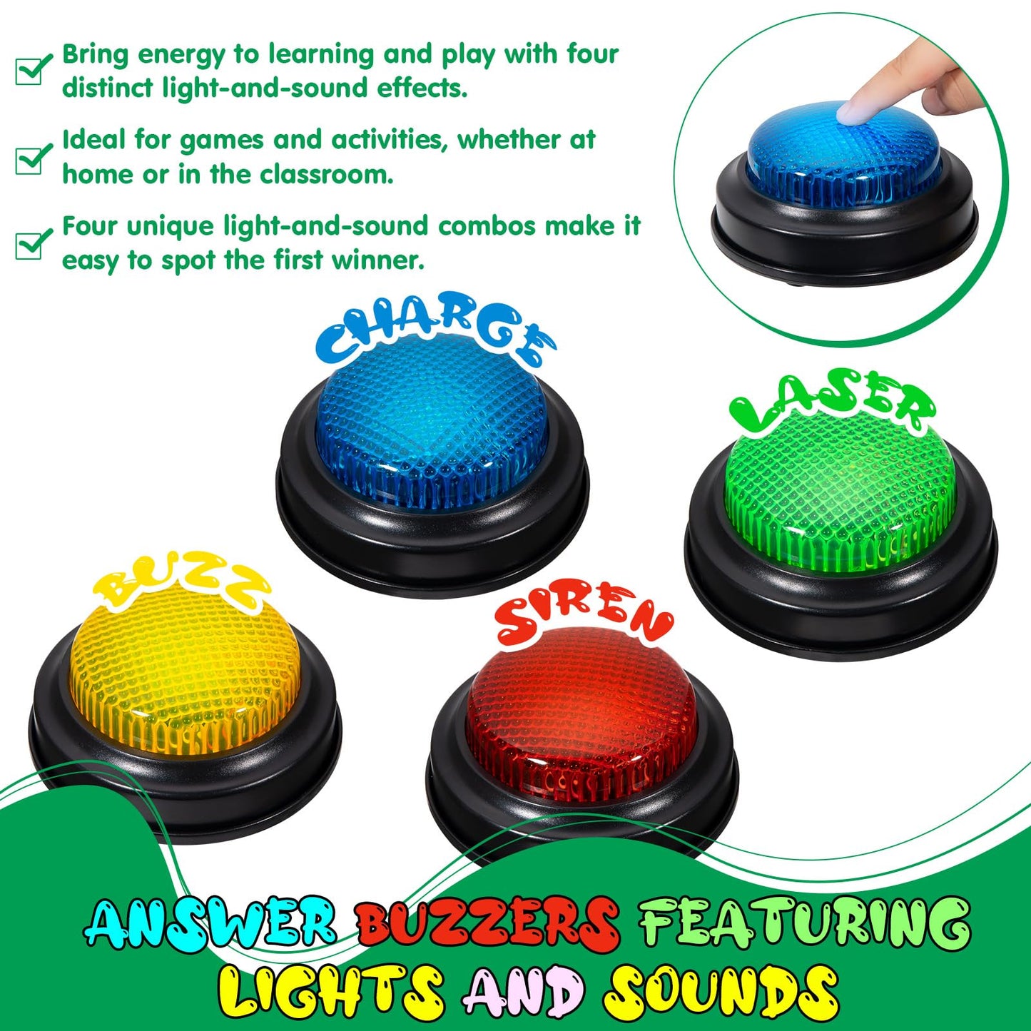 YTZRLO Set of 4 Trivia Game Buzzers with Lights & Sound, Family Feud & Jeopardy Quiz Buttons for Classroom, Party Games, Red/Blue/Yellow/Green