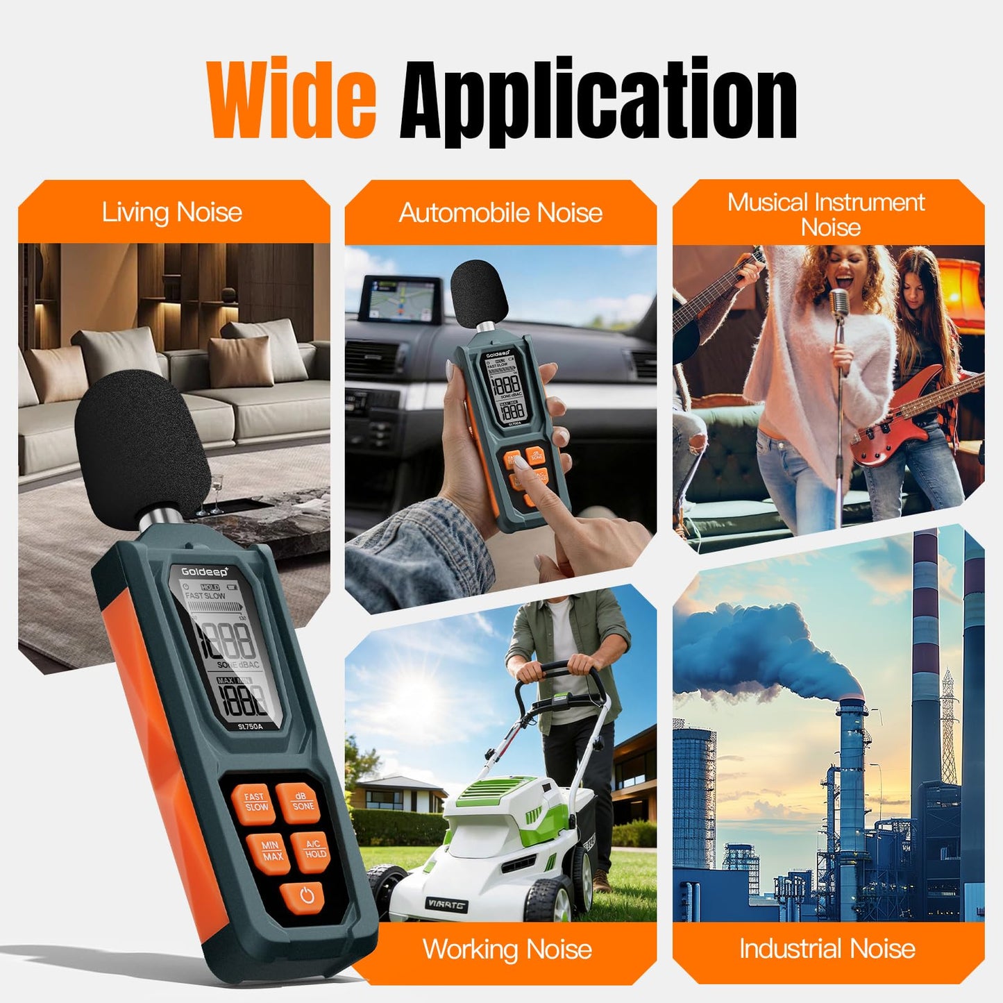 Decibel Meter, Goldeep SL750A Digital Sound Level Meter 30-130dB, A/C Weighted DB Meter with dB/SONE, Fast/Slow, MAX/MIN, LCD Sound Meter for Home, Office, Factory, Neighbor Noise - Vitality Orange