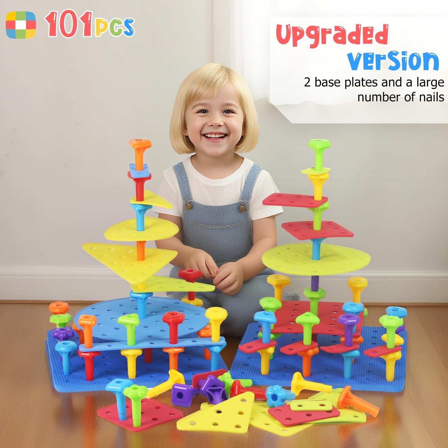 Ggiibro Peg Board Toy Set 101Pcs DIY Building Stacking Toys for Kids 3-6 Years Old,STEM Educational Kids Toy for Brain Development,Montessori Sensory Toys,Plastic Lacing String Game
