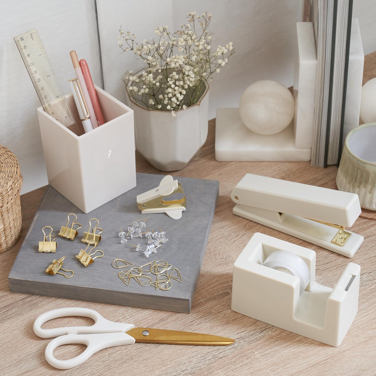 Aesthetic Desk Accessories Set - A Complete Desktop Organizer Set For Women Enhances Any Office Decor - An Office Supplies Kit w Gold Finish incl. Pen Holder, Scissors, Stapler, Tape Dispenser & More