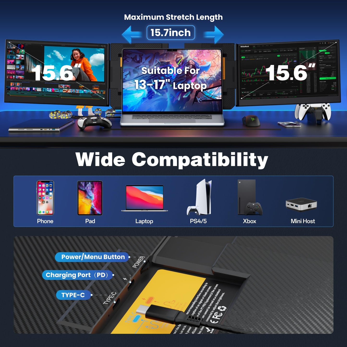 CIDETTY One Cable Connection Laptop Screen Extender Monitor Portable, Ultra Thin 15.6" 1080P FHD Triple Screen,Fit for 13-17" Laptop, Plug & Play Compatiable with Win/Mac/Chrome/Android