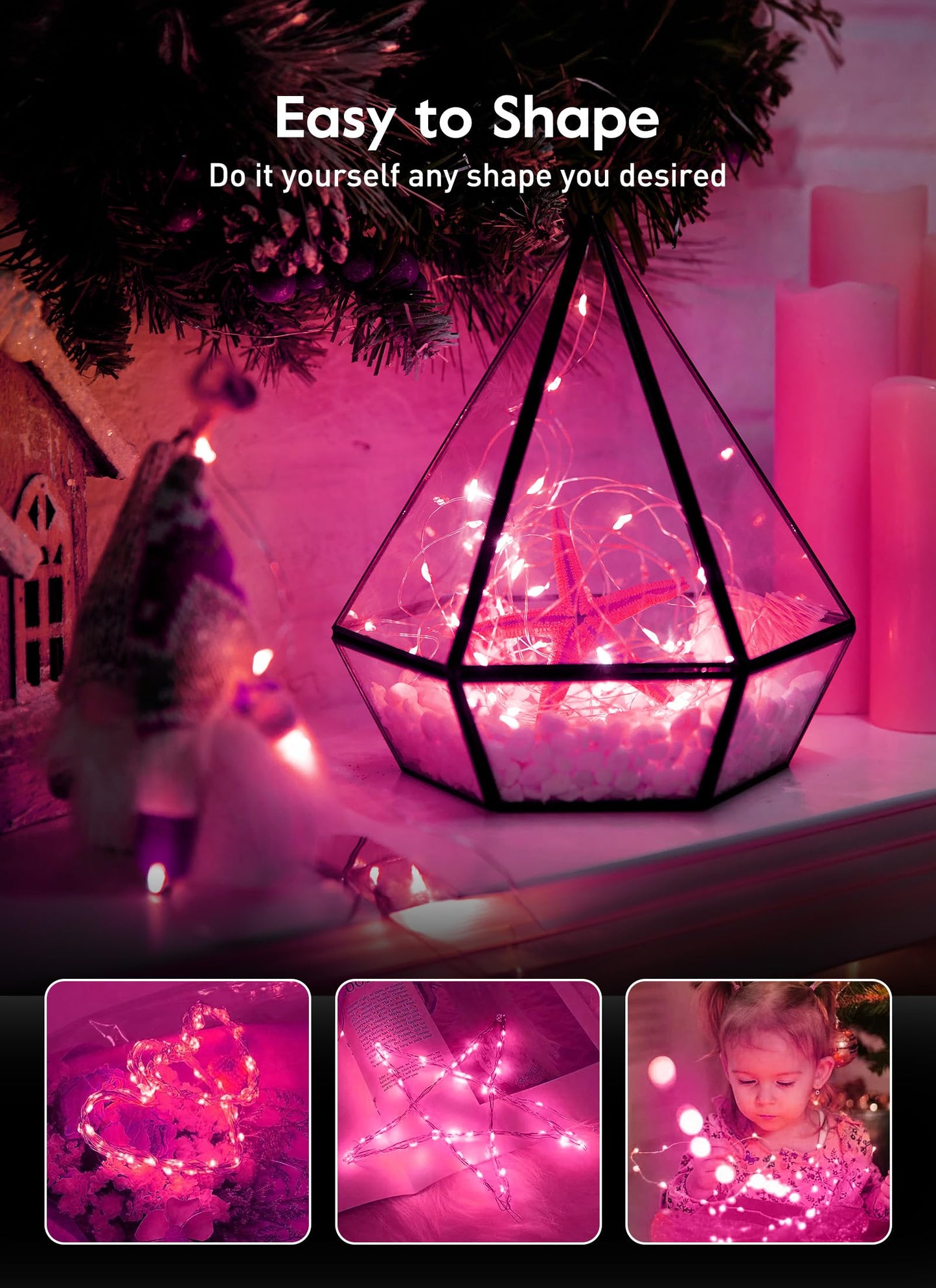 Minetom USB Fairy Lights, 33ft 100 LEDs, Waterproof, 8 Modes, Pink, Copper, Ideal for Valentines Day, Wedding, Christmas Decoration