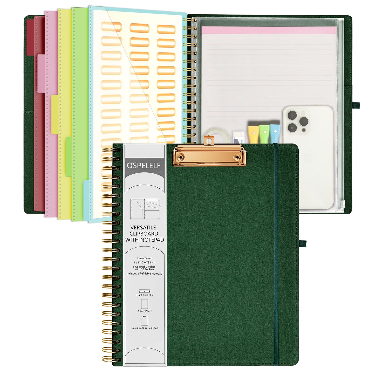 Ospelelf Foldable Spiral Clipboard Folio with Storage Zipper Pouch, 5 Plastic Folders with 10 Pockets,Refillable Lined Notepad (11" x 8.5"), Hardcover Project Organizer with 39 Stickers (Dark Green)