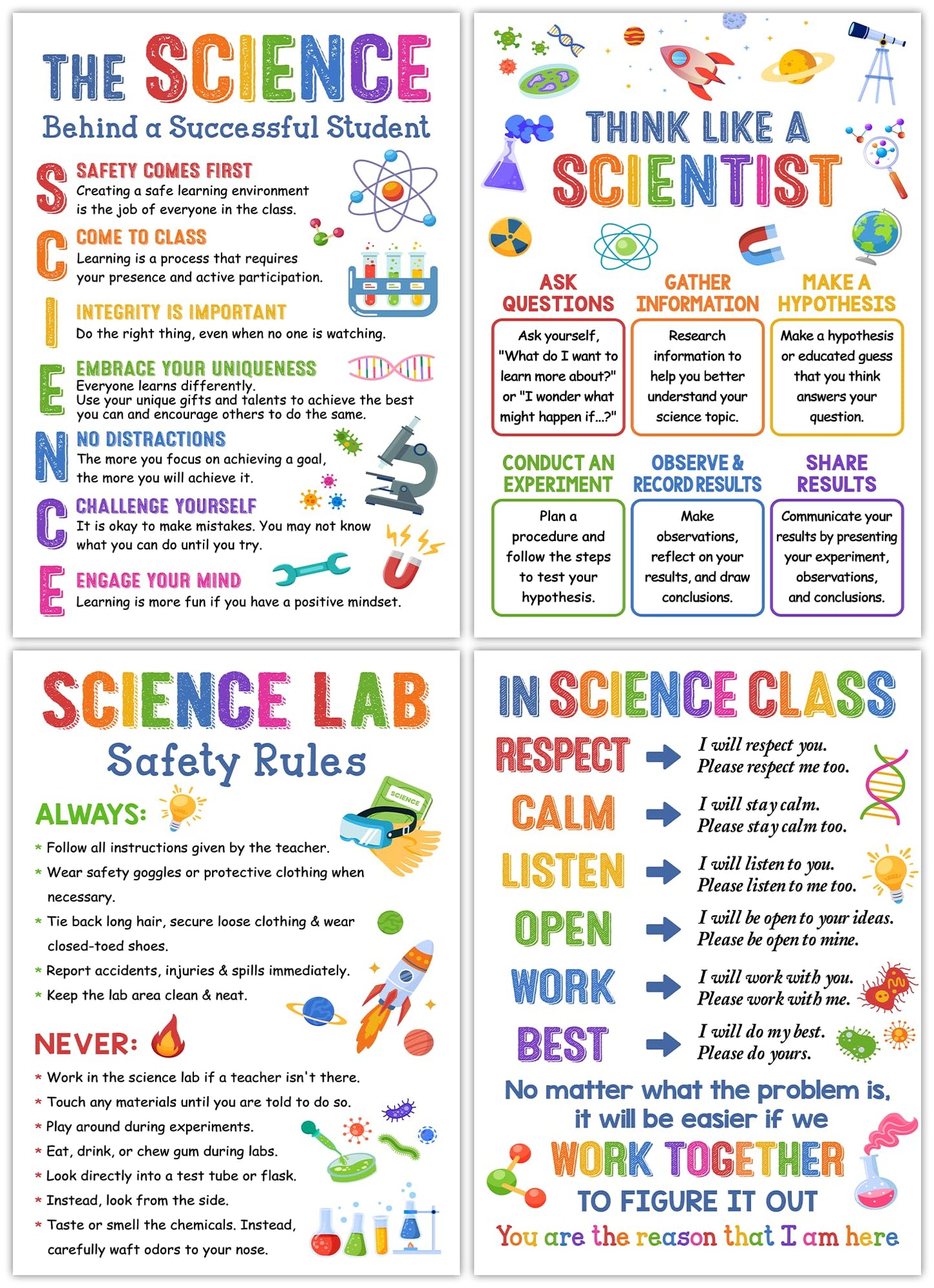 Lalunia 4 Pcs Science Posters for Classroom Decor (11"x 16") - Lab Safety Rules, STEM Wall Art for Middle School, Teacher Supplies, Bulletin Board Decorations, Science Classroom Must Haves