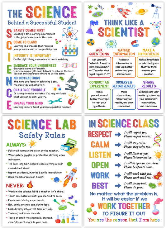 Lalunia 4 Pcs Science Posters for Classroom Decor (11"x 16") - Lab Safety Rules, STEM Wall Art for Middle School, Teacher Supplies, Bulletin Board Decorations, Science Classroom Must Haves