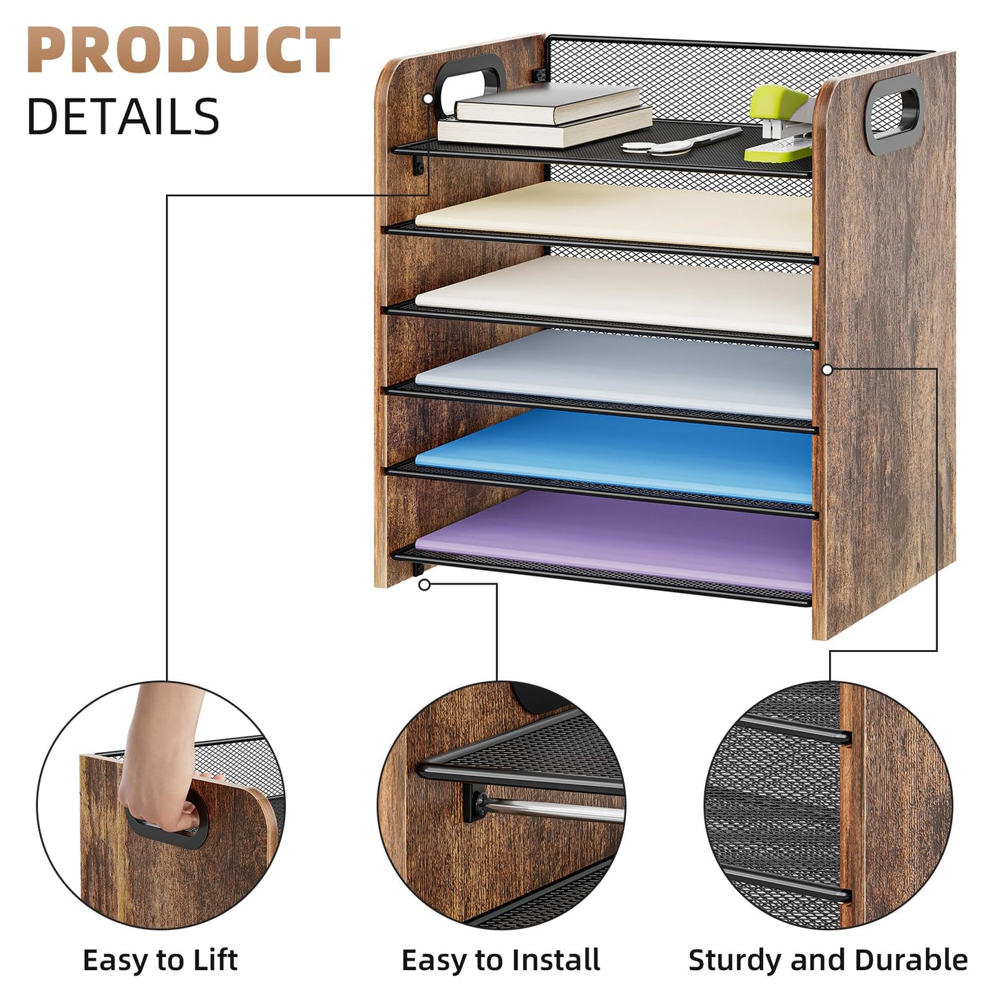 Marbrasse 6 Tier Paper Organizer Letter Tray - Wooden Desk File Organizer with Handle, Paper Sorter Organizer for Letter/A4 Office File Folder Holder
