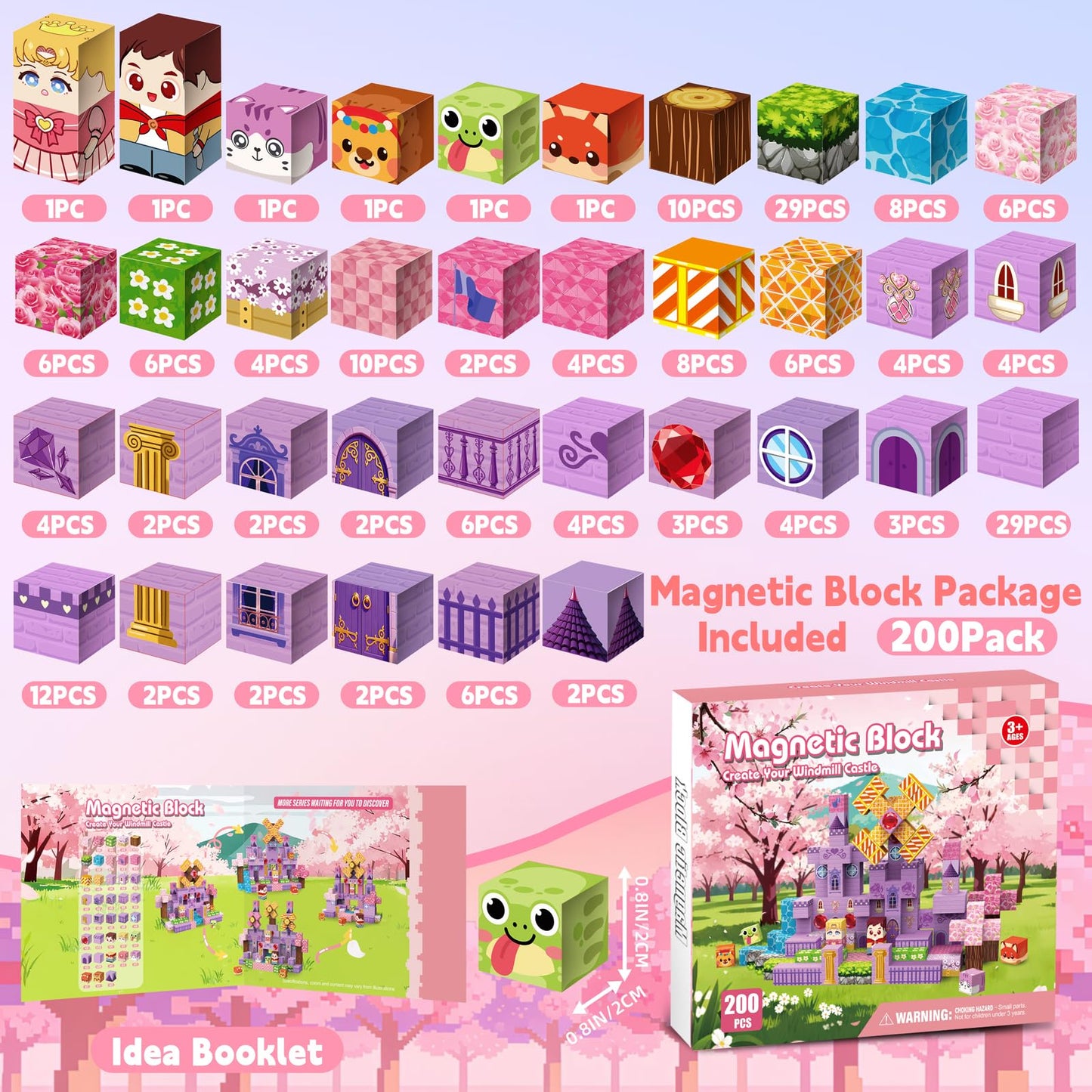 Gryxpox 200 PCS 0.8in Magnetic Blocks, Magnetic Building Cubes, Build Pink Castle World Set,Stacking Magnets, STEM Sensory Toys for Ages 3+ Toddlers Kids Girl Boys Easter Birthday Gifts
