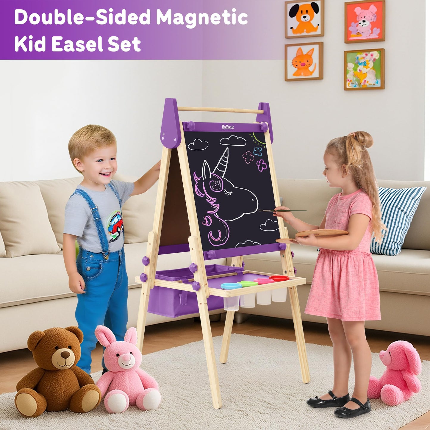Belleur All-in-One Art Easel for Kids, Adjustable Double Sided Easel for Toddlers with Magnetic Whiteboard & Dry-Erase Chalk Board & Paper Roll, Child Painting Easel for Kid 2-8 Birthday Gift-Purple