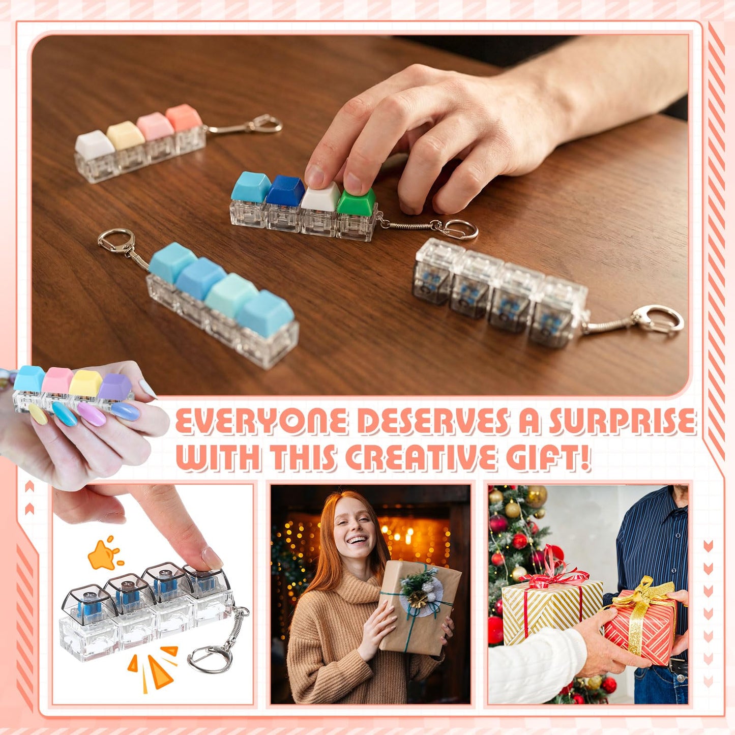 Halloscume 16 Pcs Click Sound Keyboard Adult Fidget Clicker Toy 4-in-1 Keyboard Fidget Keychain Cube Mechanical Key Button Clicker Stress Relief Gift for Office School Home to Pass the Time