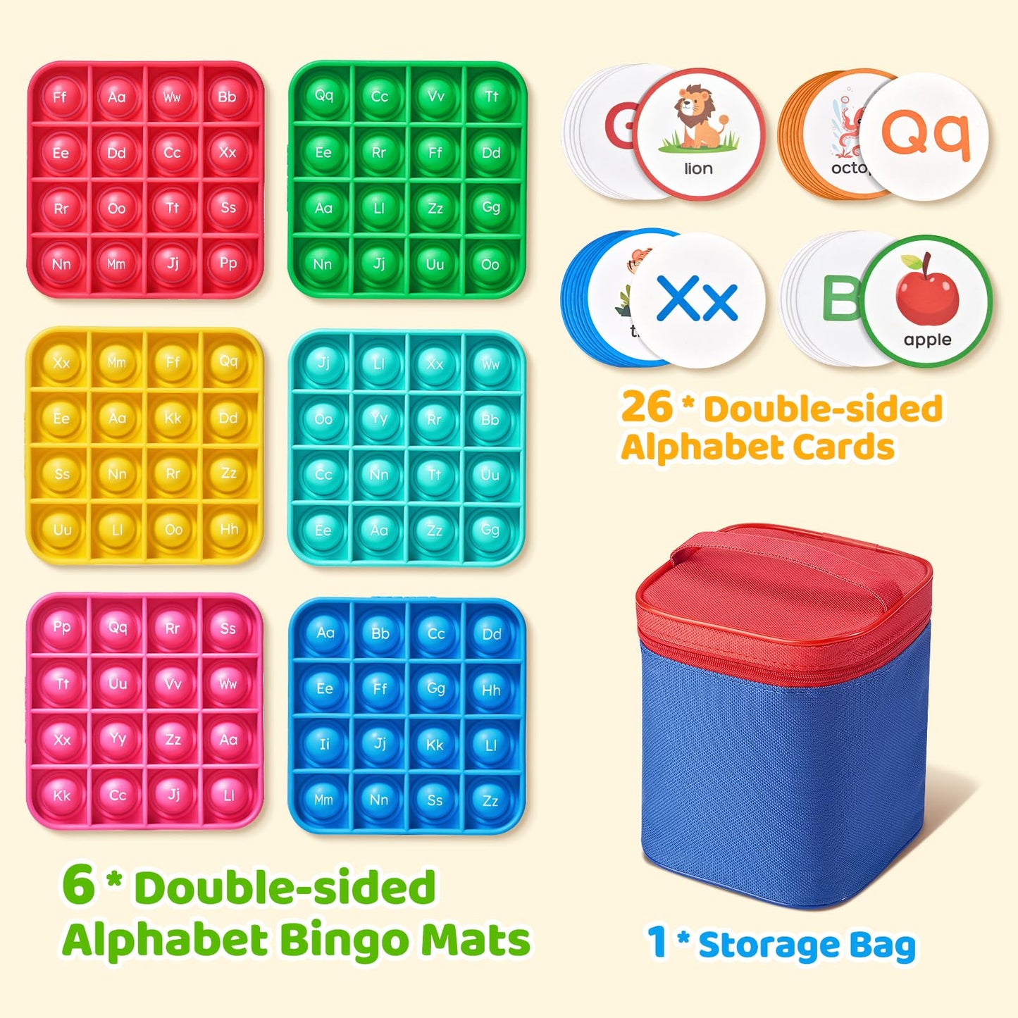 JoyCat Alphabet Bingo Game for Kids Ages 3-5, Sensory ABC Learning Toy with 6 Reusable Silicone Bingo Boards, 26 Double-Sided Letter & Picture Cards, Preschool Kindergarten Classroom Game