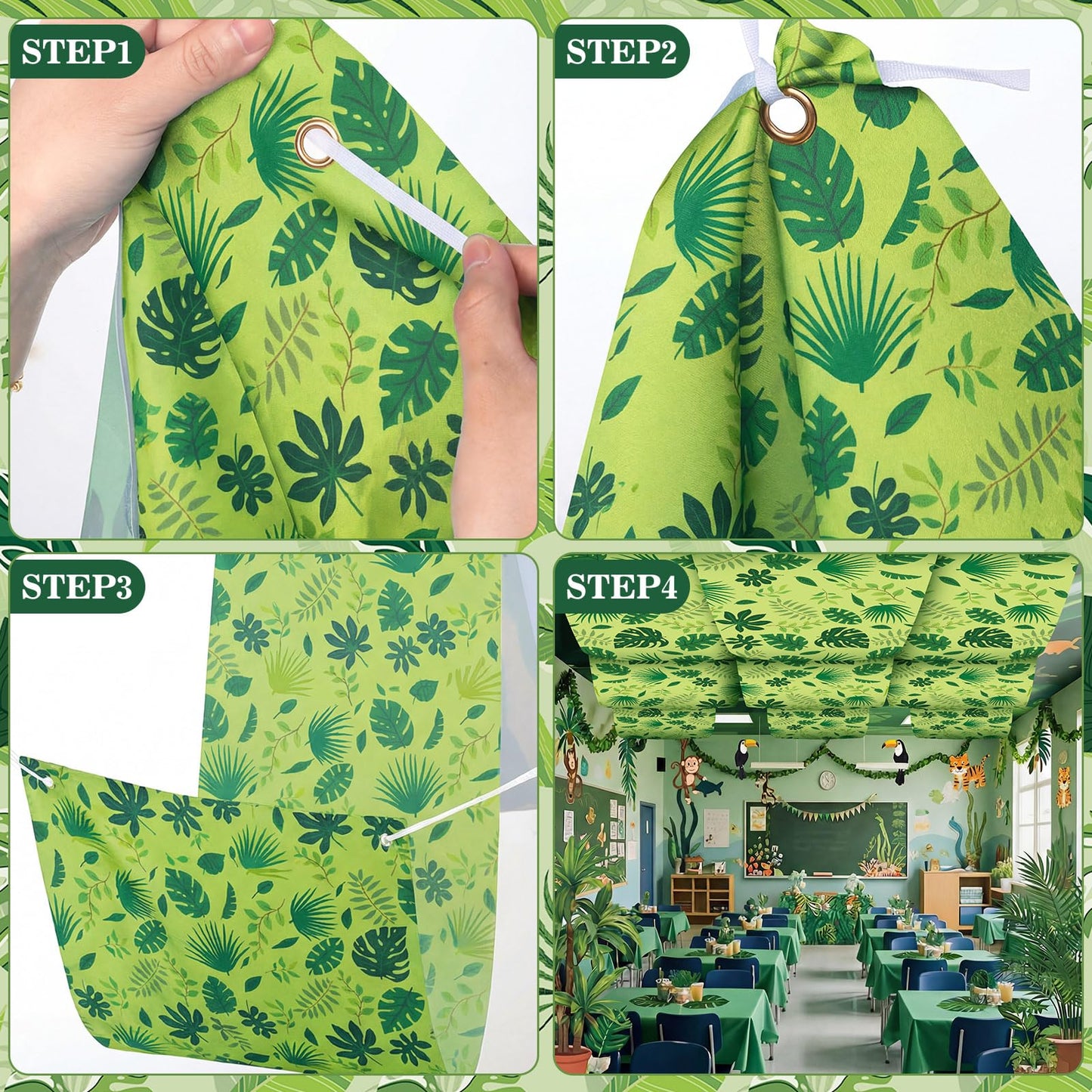 Feifeiya 3 Pcs 36 ft Jungle Theme Party Decor 2026 Vbs Decorations Tropical Forest Palm Leaves Rainforest Safari Jungle Ceiling Banner Party Hanging Decor for Vbs Sunday School Classroom