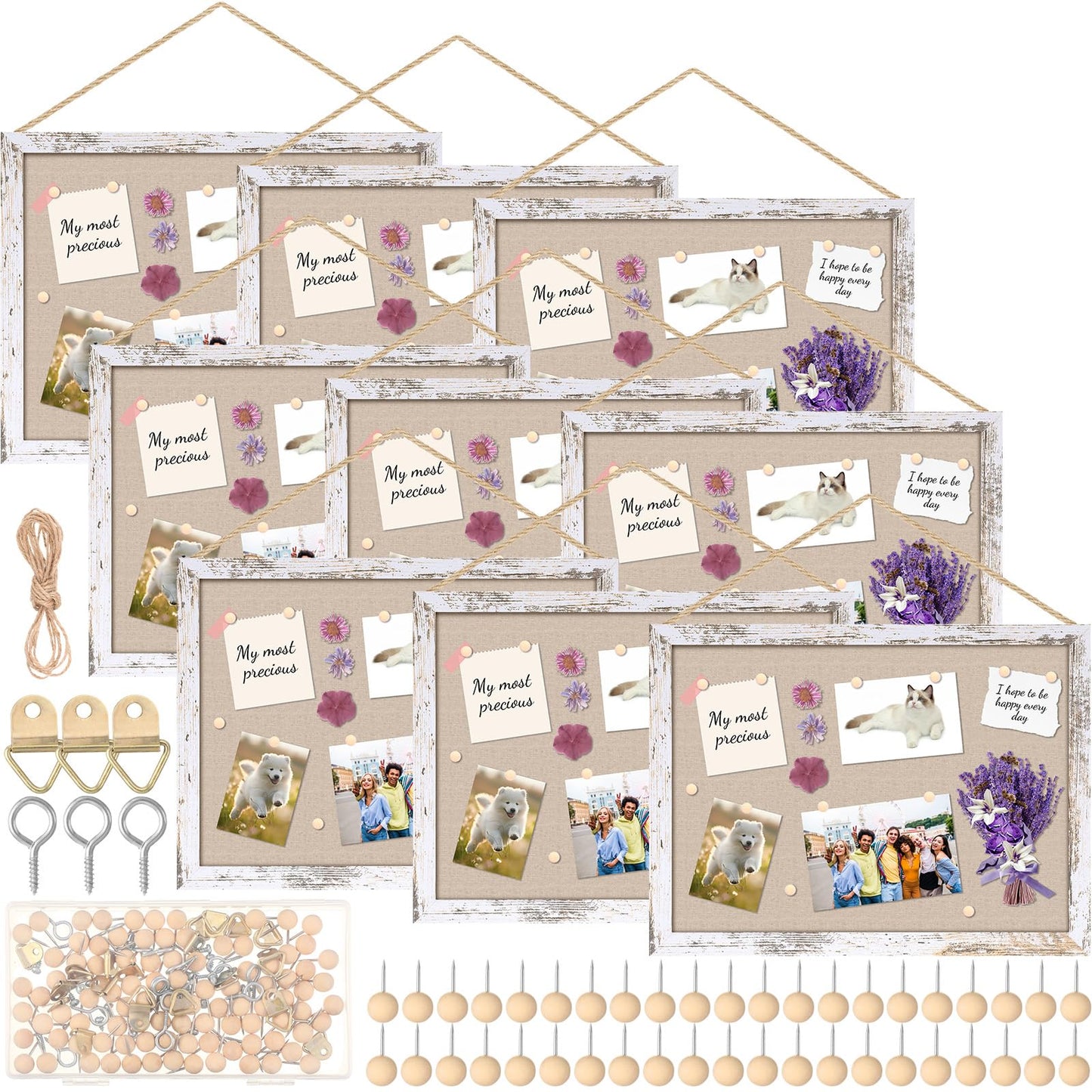 Teling 9 Pack Wood Bulletin Boards with Linen 12''x 16'' Cork Board for Walls with 90 Pushpin Decorative Wood Framed Display for School Office Home Decor (Netural White)