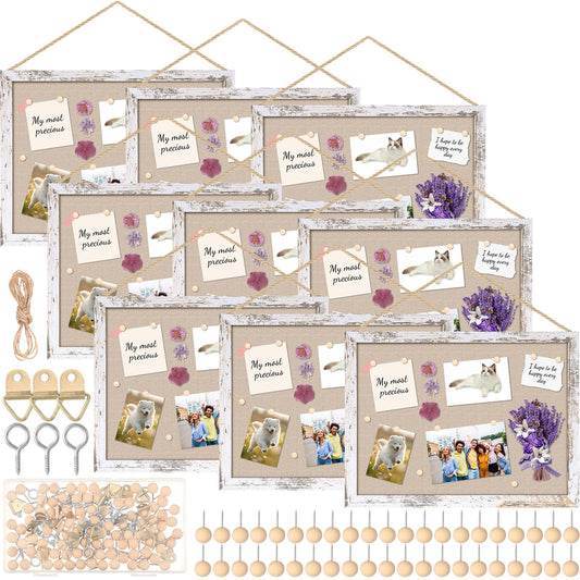 Teling 9 Pack Wood Bulletin Boards with Linen 12''x 16'' Cork Board for Walls with 90 Pushpin Decorative Wood Framed Display for School Office Home Decor (Netural White)