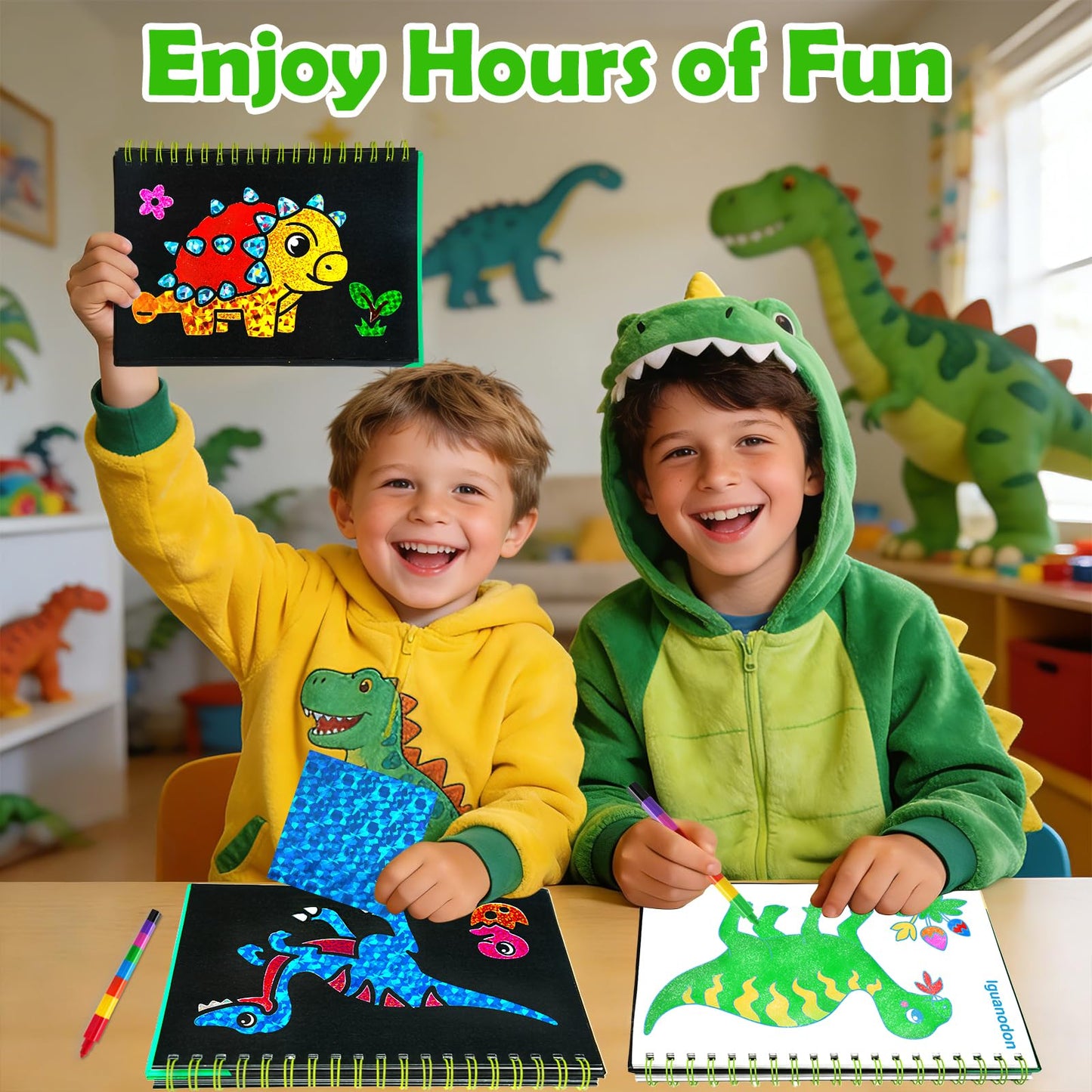 FUNNYB&G Foil Art Craft Kit for Boys 4-10 Years Old: Mess-Free & No-Glue, Create 16 Sparkly Dinosaur World Pictures – Perfect Travel Toy & Birthday Gift for Kids (Dinosaur World)