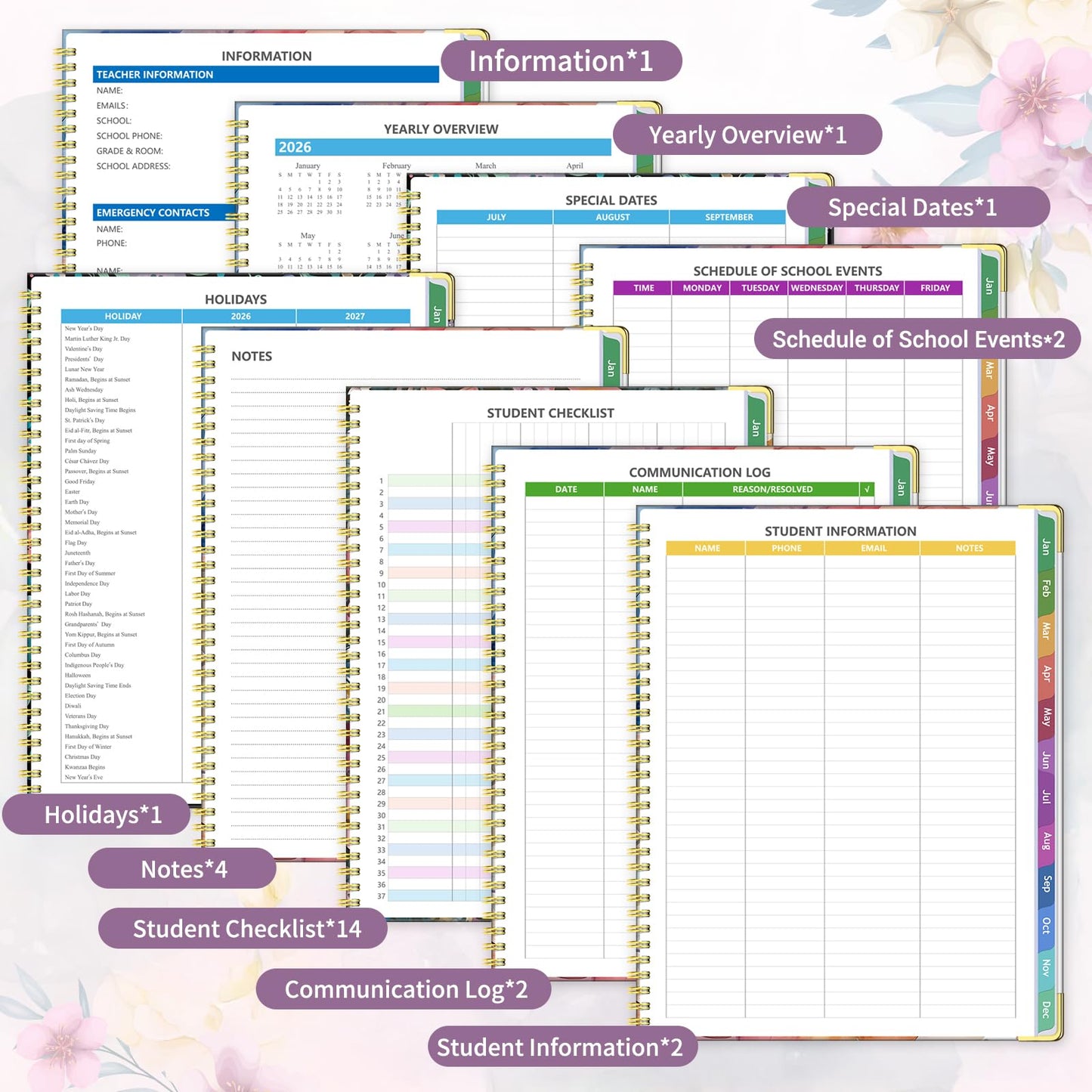 Teacher Planner 2026-2027, Jul 2026-Jun 2027 Academic Year, 8.5" x 11" Lesson Planner Book for Teacher Calendar, Spiral Bound Planners, Colorful Monthly Tabs, Planning Stickers, Flower
