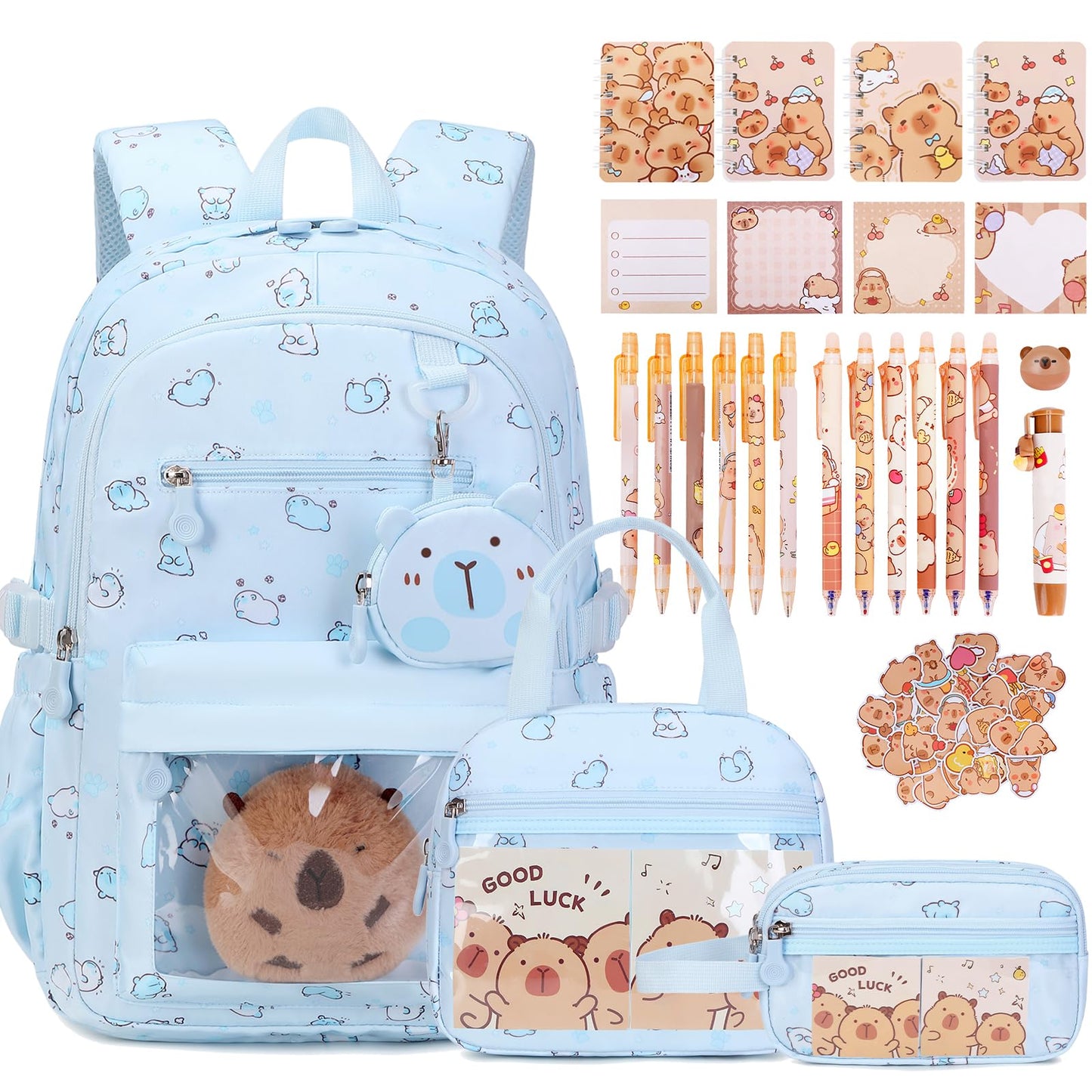 Similove Capybara Theme Backpack for School Girls, 35PCS Kids Backpack Set with School Supplies Stationery Kit Lunch Box Pencil Case, Cute Girls Bookbag for Kindergarten Elementary Student
