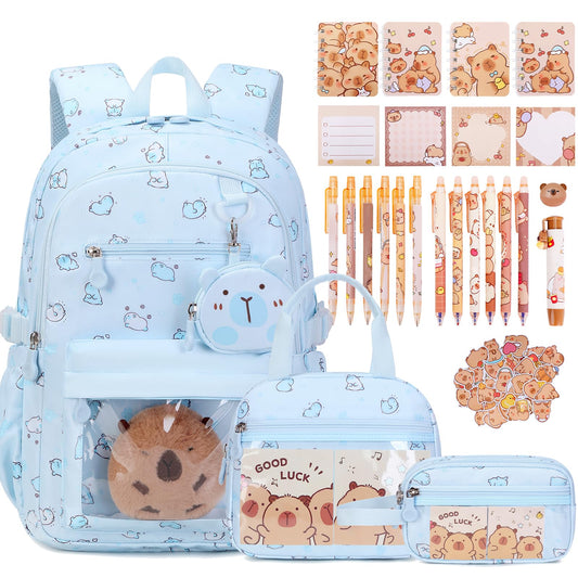 Similove Capybara Theme Backpack for School Girls, 35PCS Kids Backpack Set with School Supplies Stationery Kit Lunch Box Pencil Case, Cute Girls Bookbag for Kindergarten Elementary Student