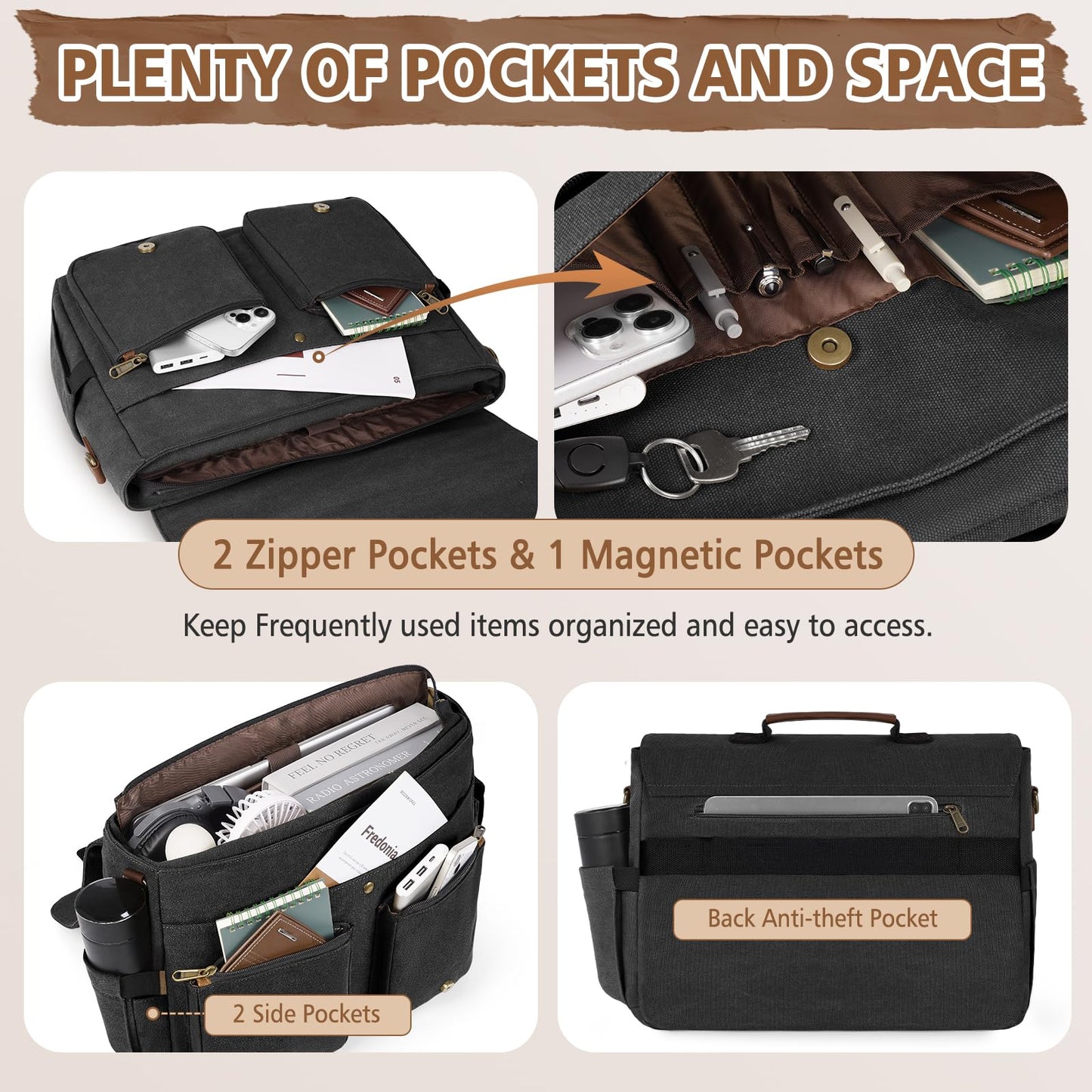 RAINSMORE Messenger Bag for Men, 15.6-17.3 inch Laptop Bag for Work College