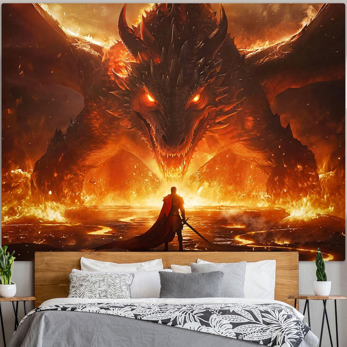 Spenlife Flaming Dragon Showdown Wall Tapestry, Fantasy Brave Warrior Tapestries for Room Decor, Intense Tapestry 60x44 Inch