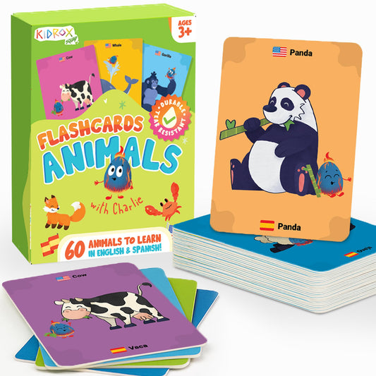 Kidrox Animals Flash Cards, English Learning Cards with Spanish Translations Included, Indestructible Double-Sided, 30 Cards