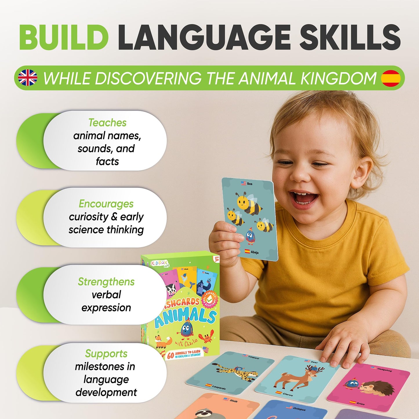Kidrox Animals Flash Cards, English Learning Cards with Spanish Translations Included, Indestructible Double-Sided, 30 Cards