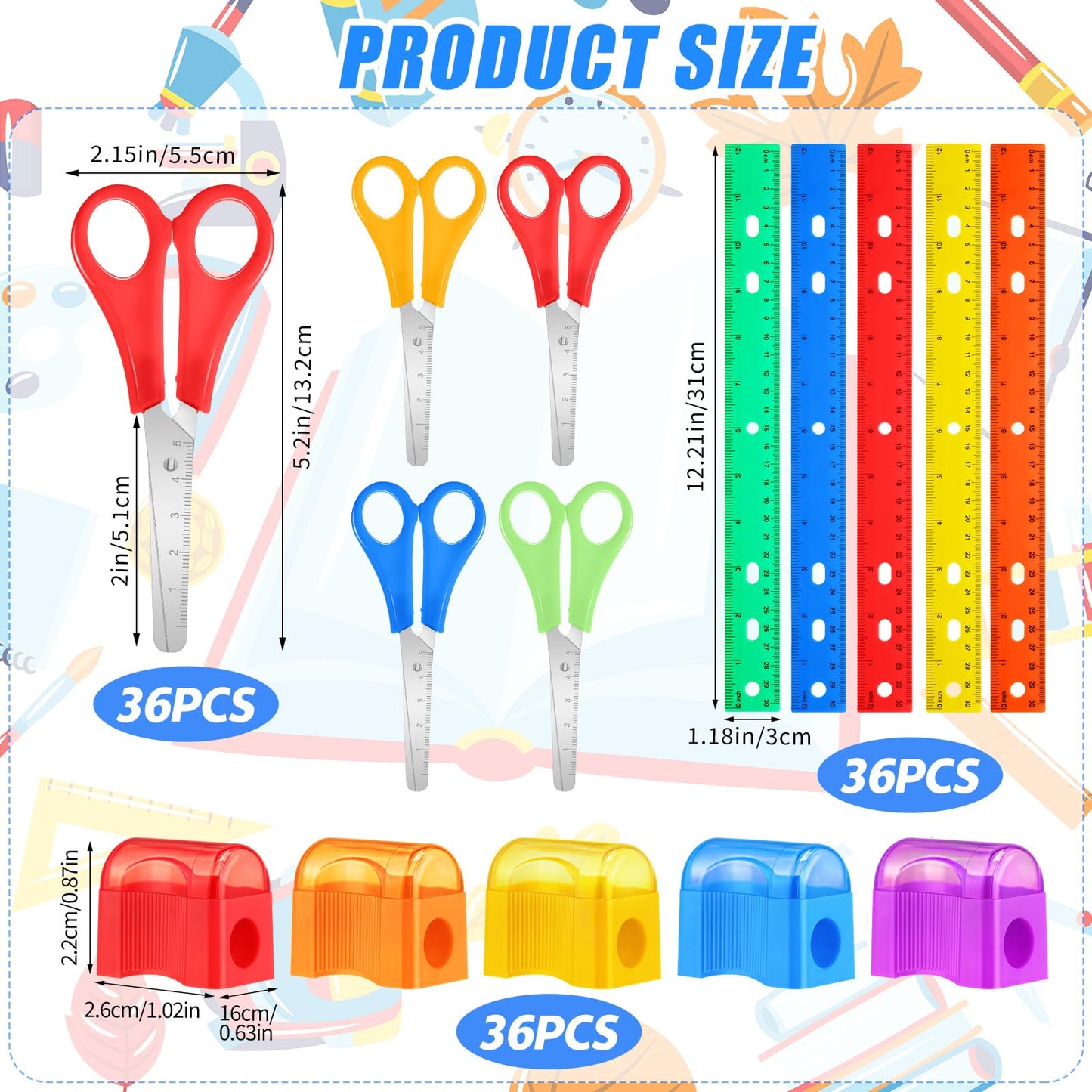 AmazingSpark 108 Pcs Operation Christmas Gifts 36 Clear Plastic Ruler 12 Inch 36 Safety Blunt Tip Student Scissors 36 Miniature Pencil Sharpeners with Cover for Operation Christmas Gifts Bags Stuffers