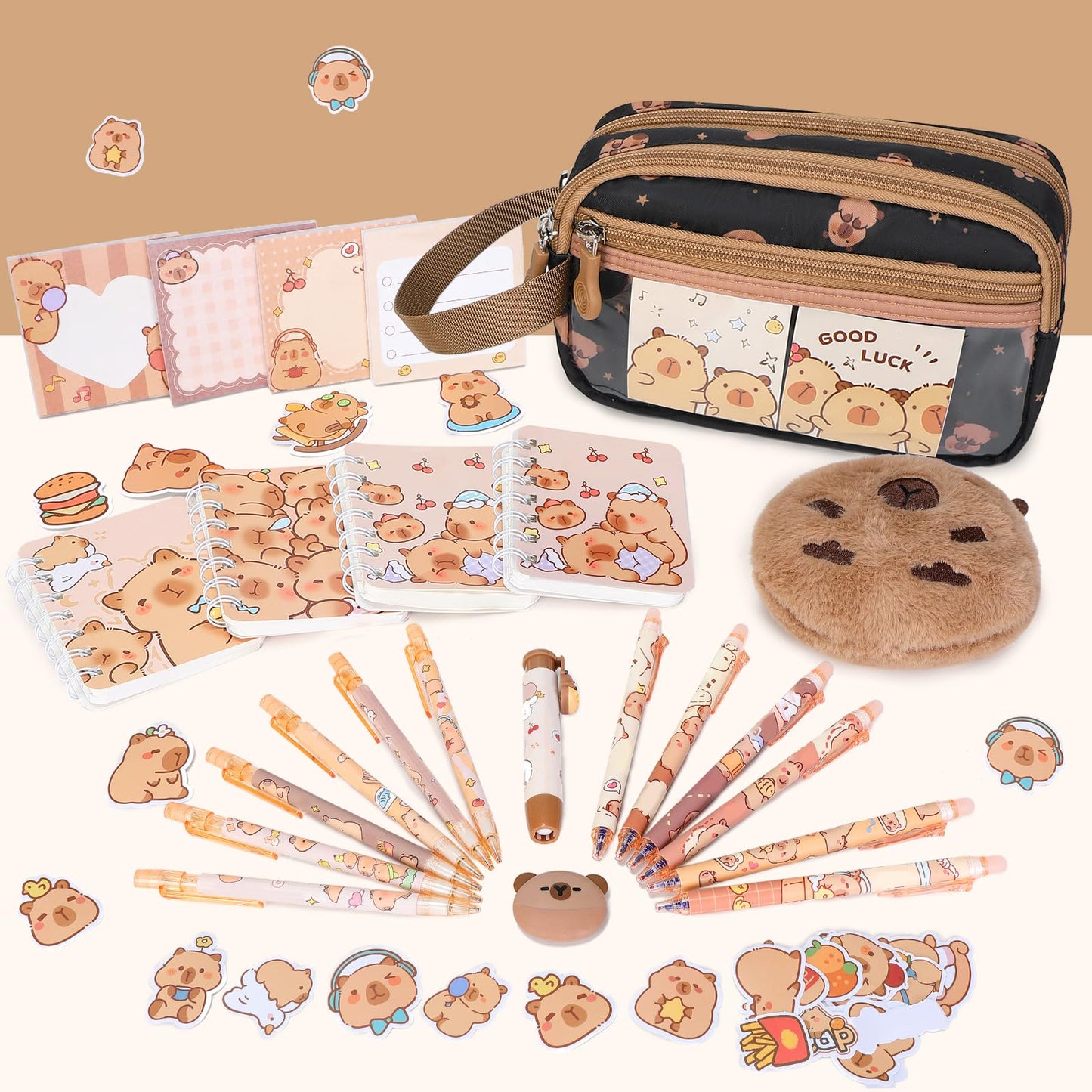Similove Capybara Theme Backpack for School Girls, 35PCS Kids Backpack Set with School Supplies Stationery Kit Lunch Box Pencil Case, Cute Girls Bookbag for Kindergarten Elementary Student