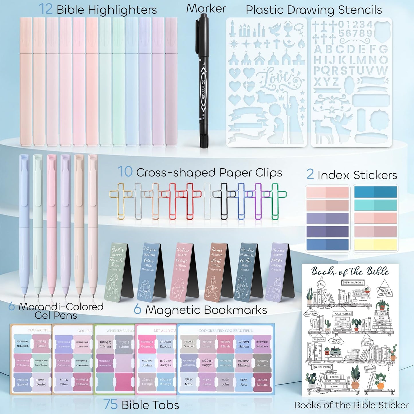 53 Pcs Bible Study Supplies, Bible Study Kit Journaling Supplies with 12 Bible Highlighters No Bleed and Tabs, 6 Pens, 6 Bookmarks, Books of the Bible Sticker and More, Christian Gifts for Women