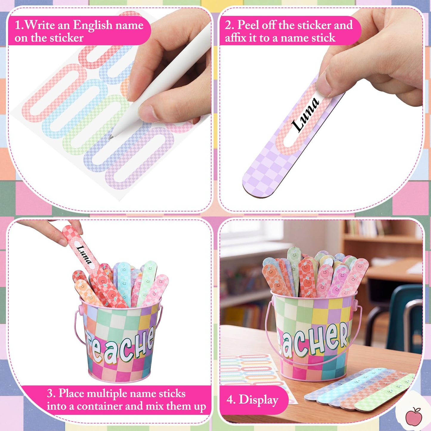 ReliThick 101 Pcs Pastel Checkerboard Flip Name Sticks with Metal Buckets Back to School Talking Sticks with Metal Holder Set for Classroom Management Tool Teacher Essentials Educational Activities
