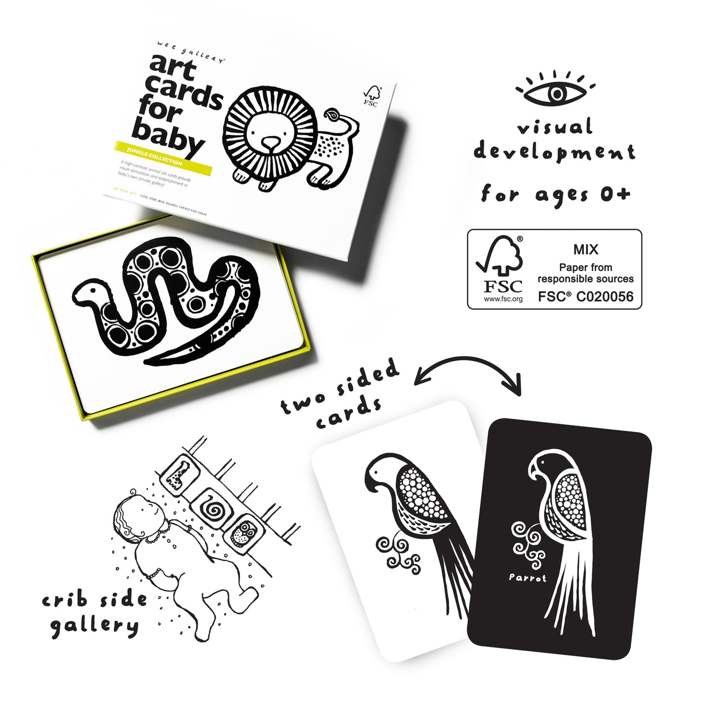 Wee Gallery Art Cards for Baby, Durable High Contrast Black and White Animal Flashcards for Newborns, Brain Development, Sensory Toys, Tummy Time Essentials for Infant and Toddler - Jungle Animals