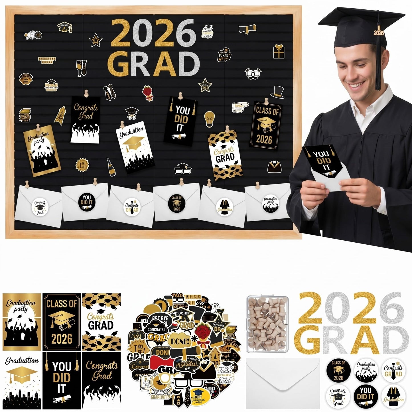 Nuanchu Graduation Bulletin Boards Decorations Set, DIY Poster Photo Board Kit with Black Felt Panels, 2026 Graduation Cards & Envelopes, Sticker Set, Push Pins, Cardstock Decor for Party Classroom