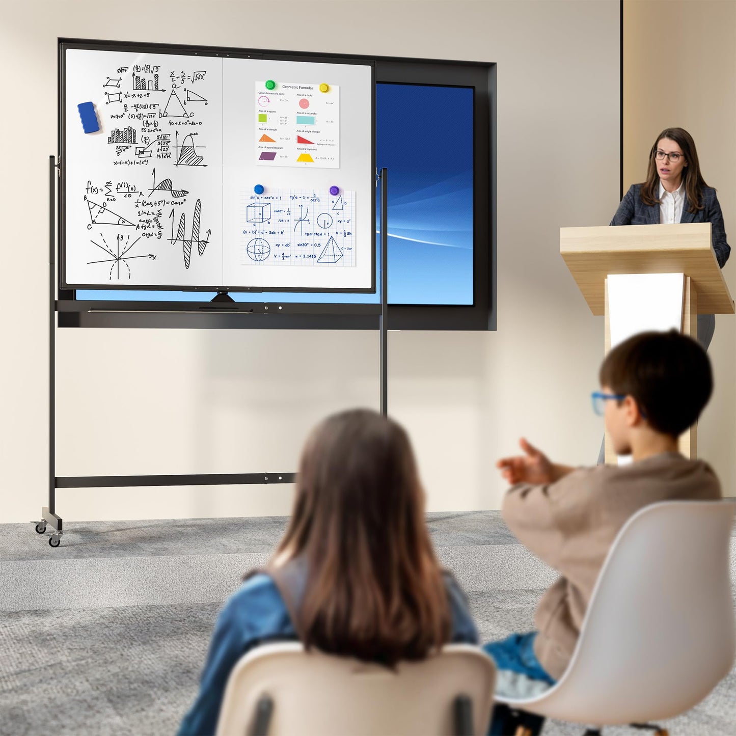 Large Rolling Whiteboard on Wheels, 48" x 36" Double-Sided Mobile White Board with Stand, 4' x 3' Portable Standing Magnetic Dry Erase Board Easel for Home Office Classroom School, Black