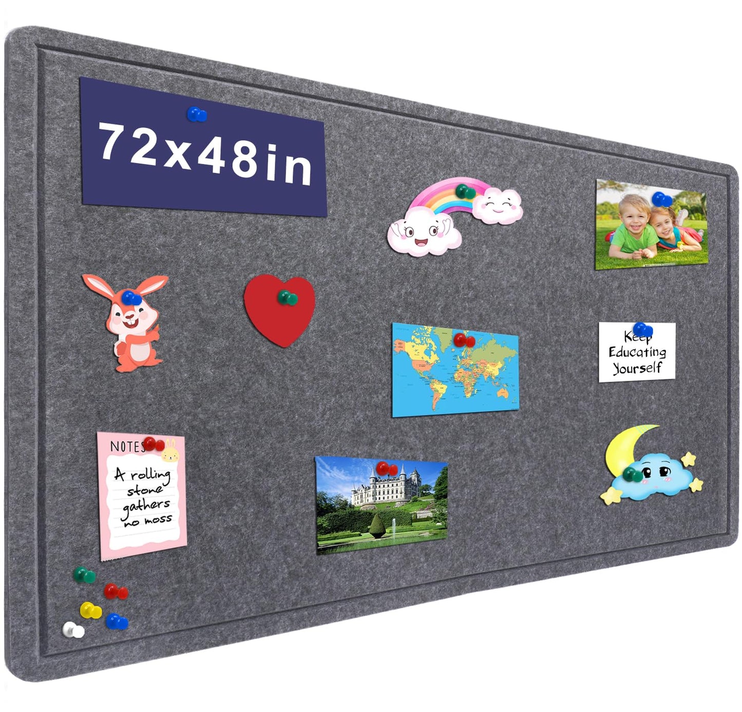 Large Bulletin Board - 72 X 48 inches Decorative Felt Pin Board - 6' x 4' Cork Board Alternative for Wall - Foldable Picture Board Self-Adhesive Vision Board Prayer Board with 30 Pushpins - Dark Gray