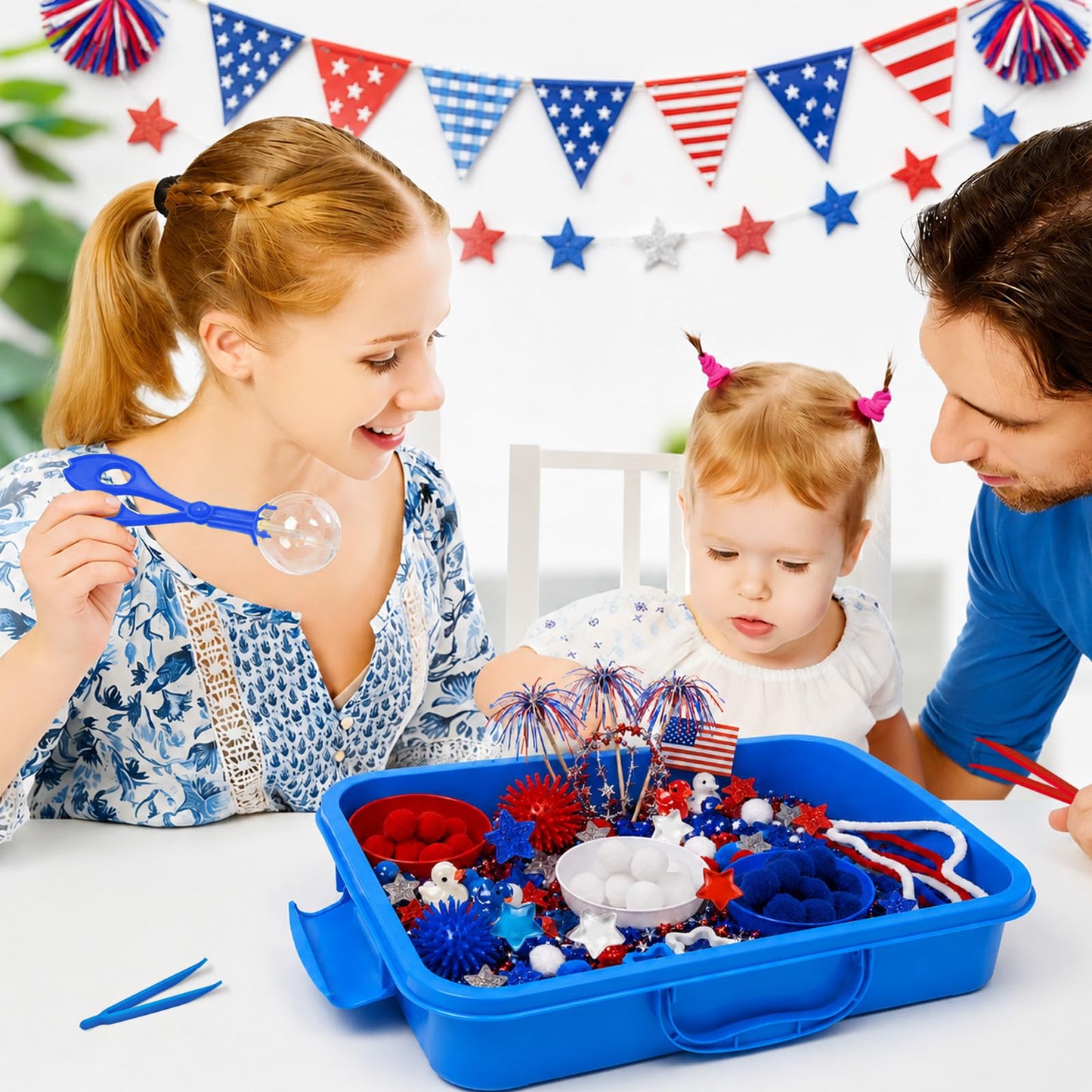 Cinrobiye 186 Pcs 4th of July Sensory Bin Fillers Set, Independence Day Sensory Bin Activity Kit with Storage Box, Sensory Bin Supplies, Fourth of July Crafts, Patriotic Party Activities