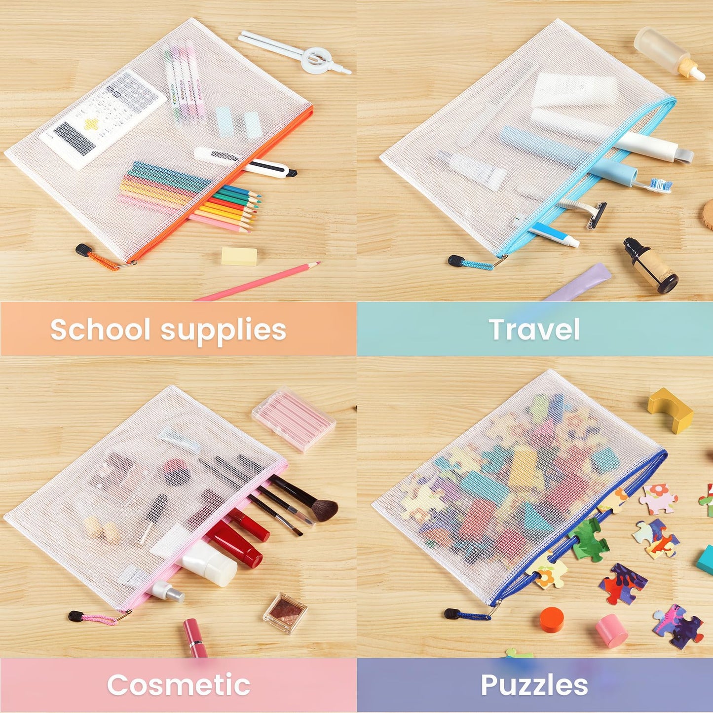 Sooez 24 Pack Mesh Zipper Pouch with Sticky Labels, A4 Mesh Bags, Sturdy Letter Size File Folders Organizer, Office School Classroom Teacher Supplies, Toy Storage Bag Board Game Puzzles Organization