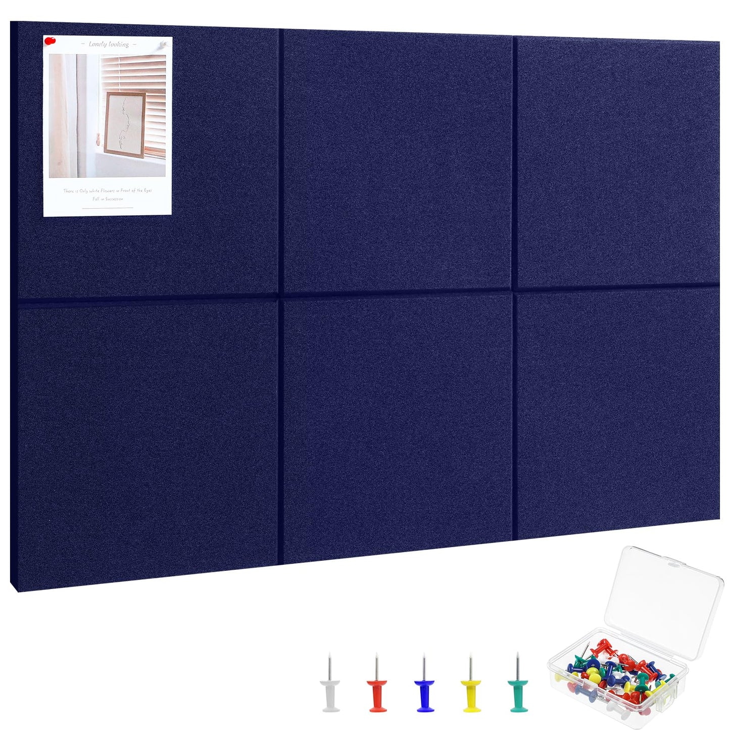 Large Cork Board 36" x 24", 6 Pack Felt Bulletin Board with 30 Pushpins, Cork Boards Alternative with Self-Adhesive Strips, Felt Wall Tiles Pin Boards for Walls Office Home School Decor-Dark Blue