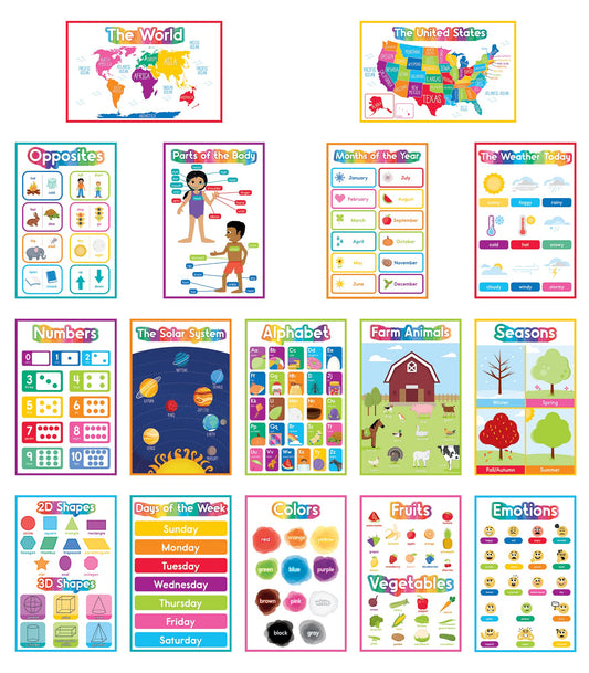Carson Dellosa 16-Piece Early Learning Posters, 8.5" x 11" Colors, Numbers, Alphabet, Shapes, Sight Words Wall Art, Preschool and Kindergarten Classroom Decor, Office Decorations, and Teacher Supplies